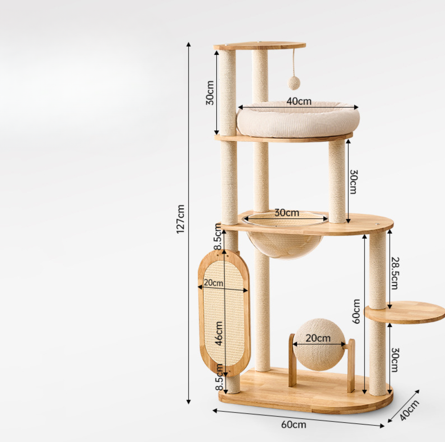 Wooden Cat Tree with Vertical Sisal Scratching Board & Play Features