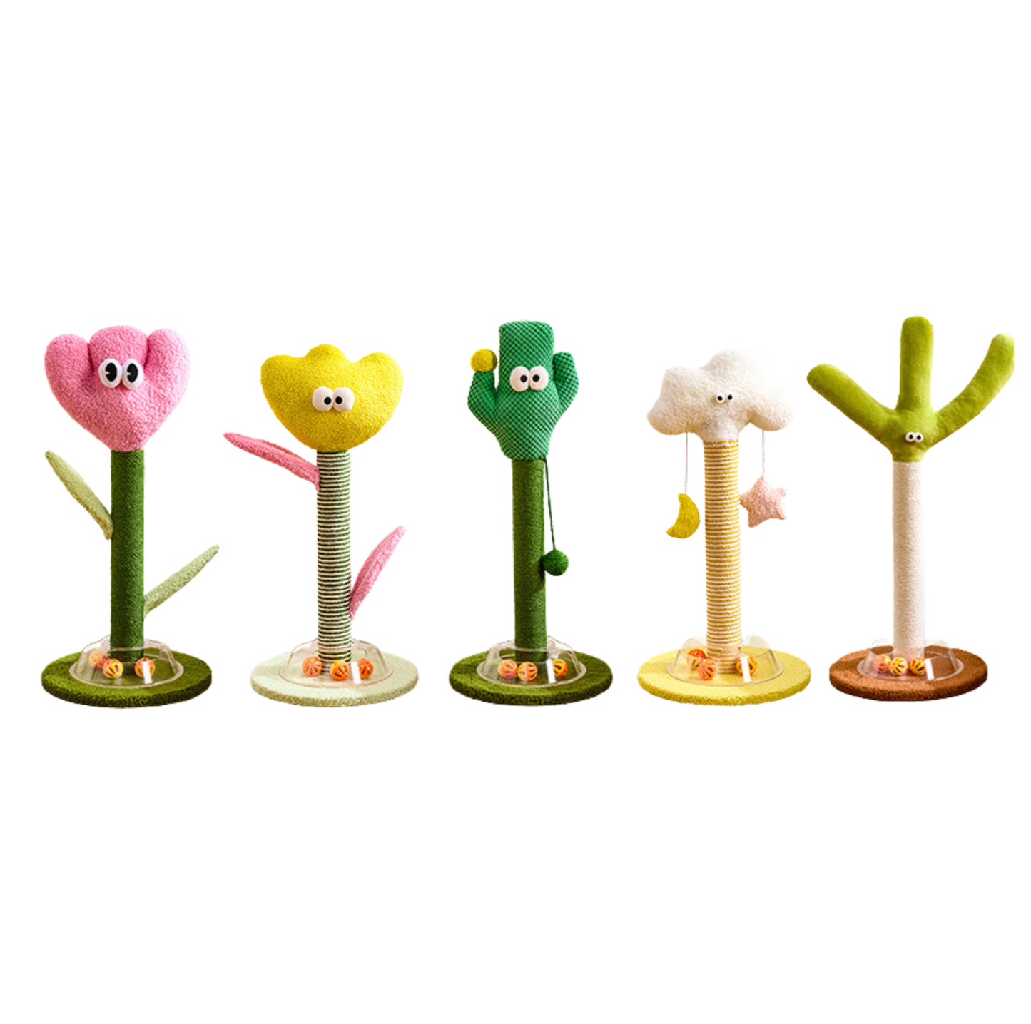 Cartoon Flower & Cactus Cat Scratch Pole – with Ball Track Base