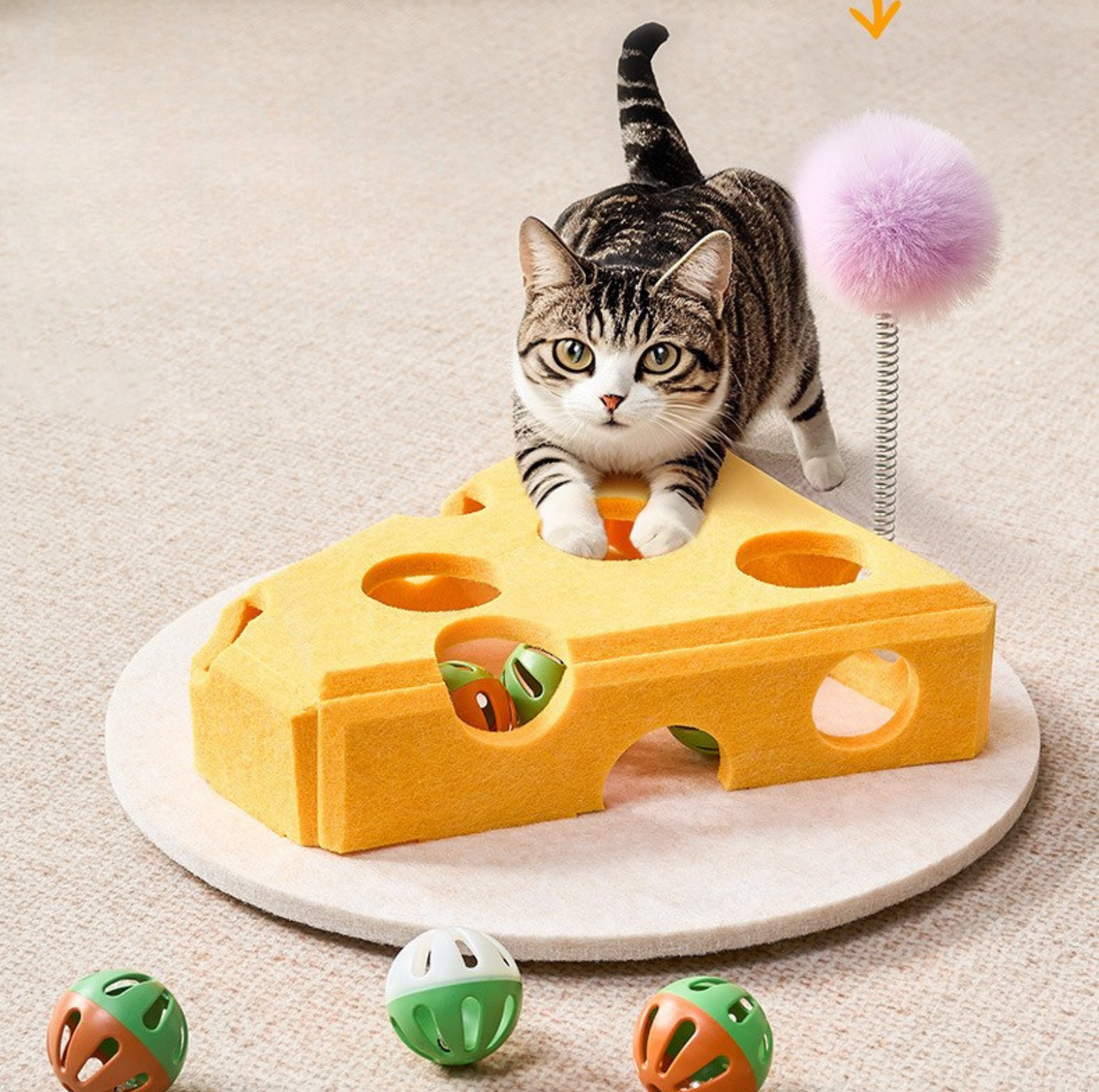 Cheese Slice Cat Toy with Spring Pom-Pom & Rolling Balls