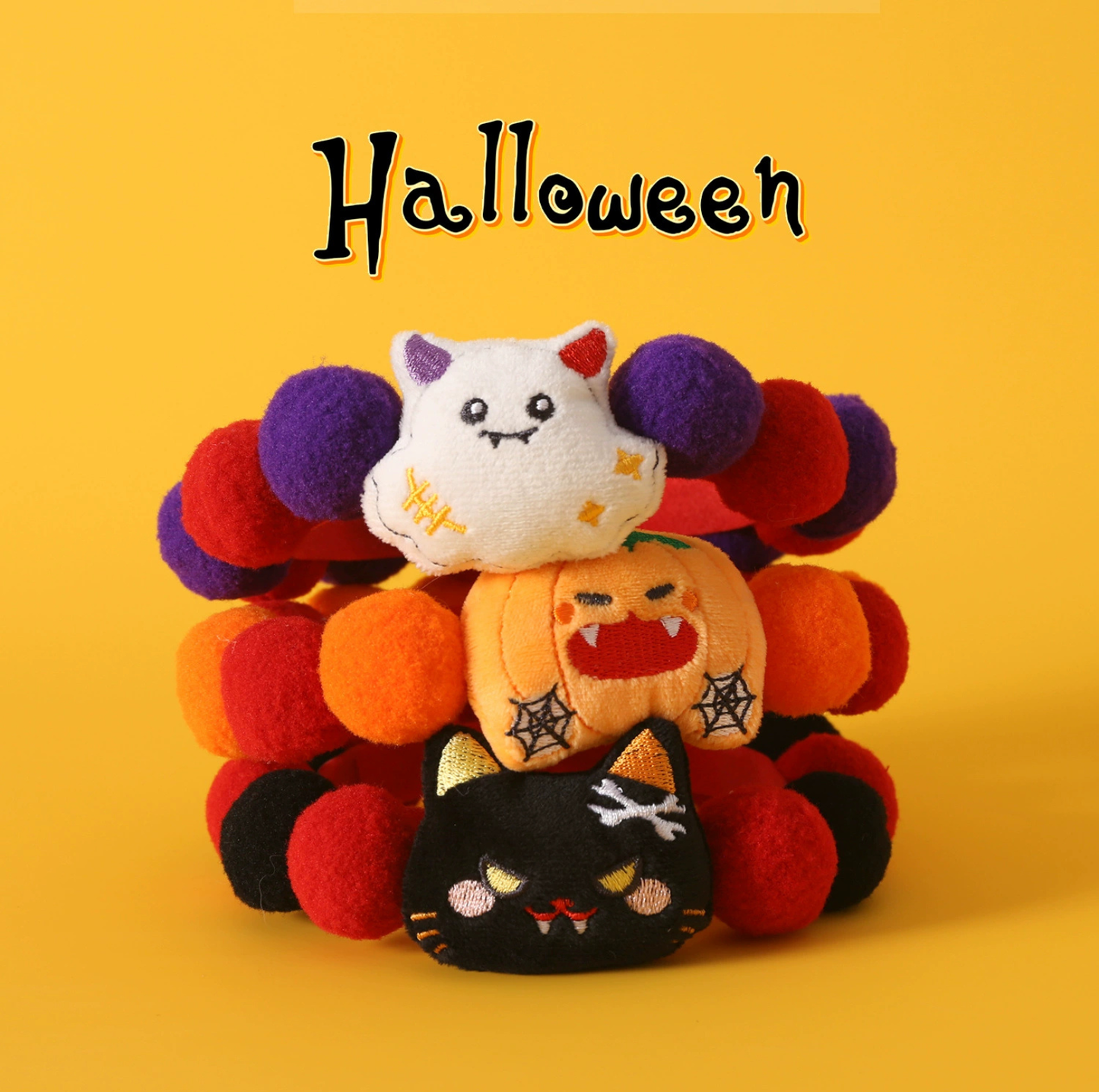 Halloween Plush Ball Collar for Cats and Small Dogs – Soft Cotton Design in Pumpkin, Ghost & Black Cat Styles