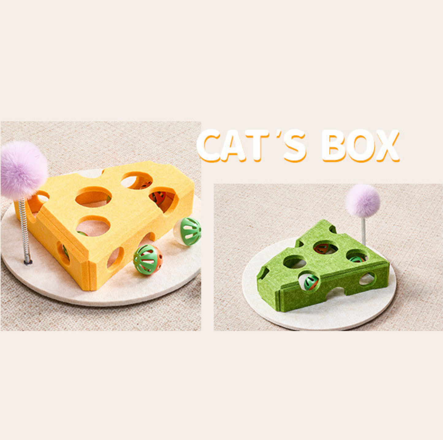 Cheese Slice Cat Toy with Spring Pom-Pom & Rolling Balls