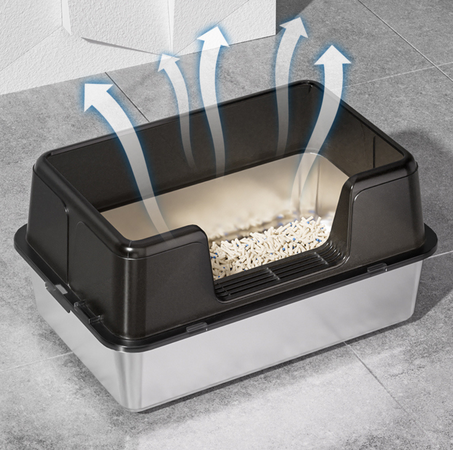 Stainless Steel High-Fenced Cat Litter Box - Semi-Enclosed