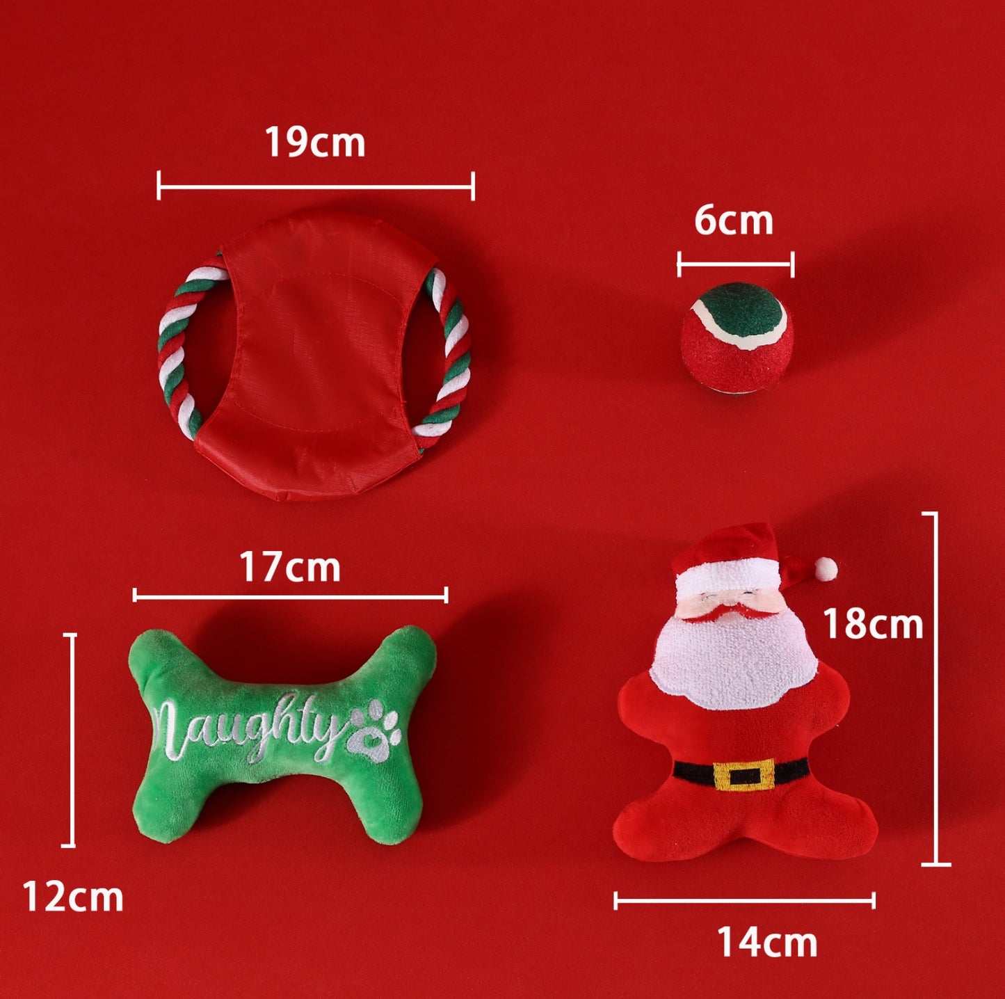 Christmas Dog Toy Gift Set – – Includes Plush Bones, Balls, Frisbee & Squeaky Santa