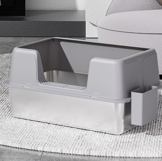 Stainless Steel High-Fenced Cat Litter Box - Semi-Enclosed