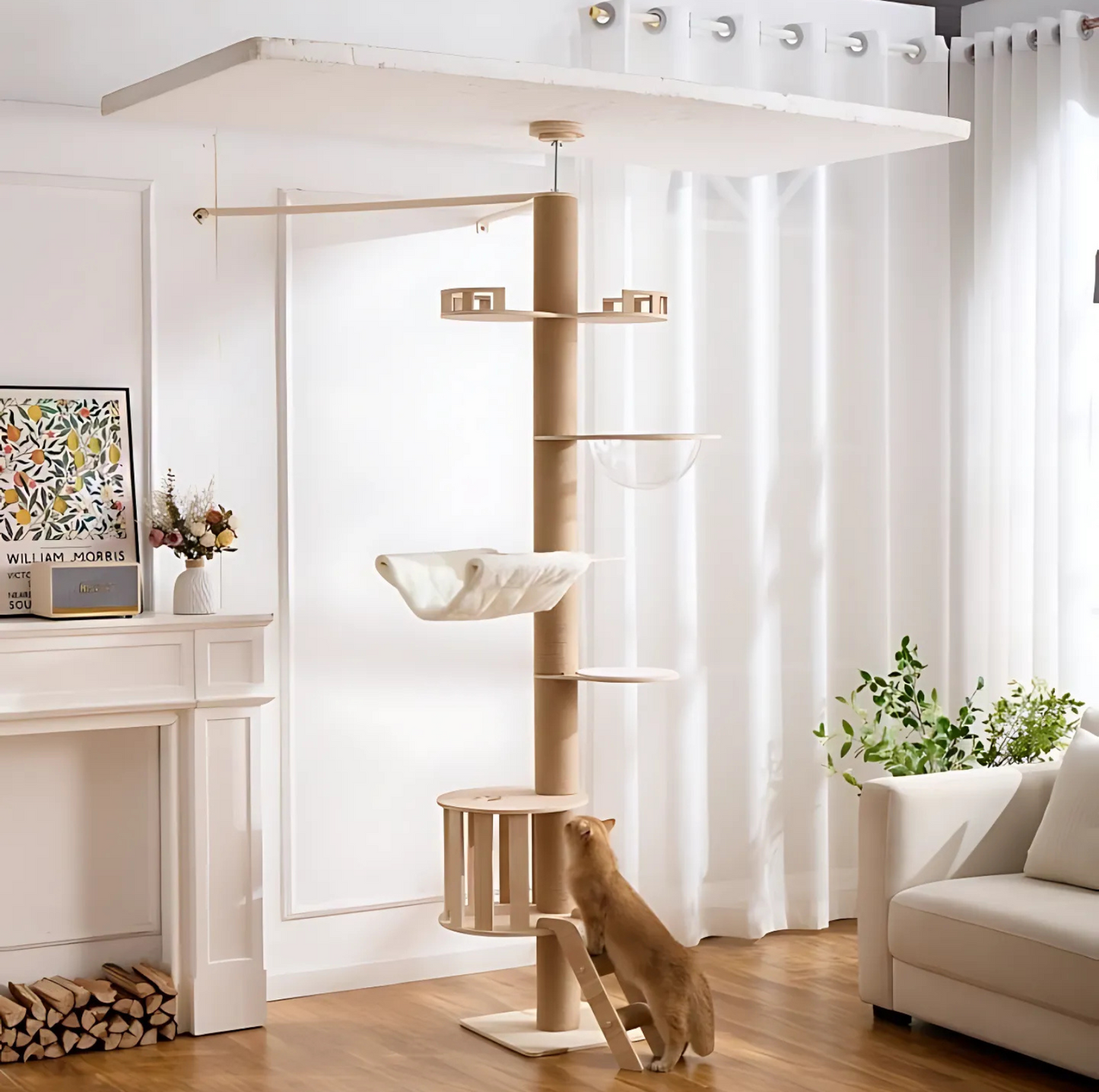 Height Adjustable Wooden Floor-to-Ceiling Cat Tower