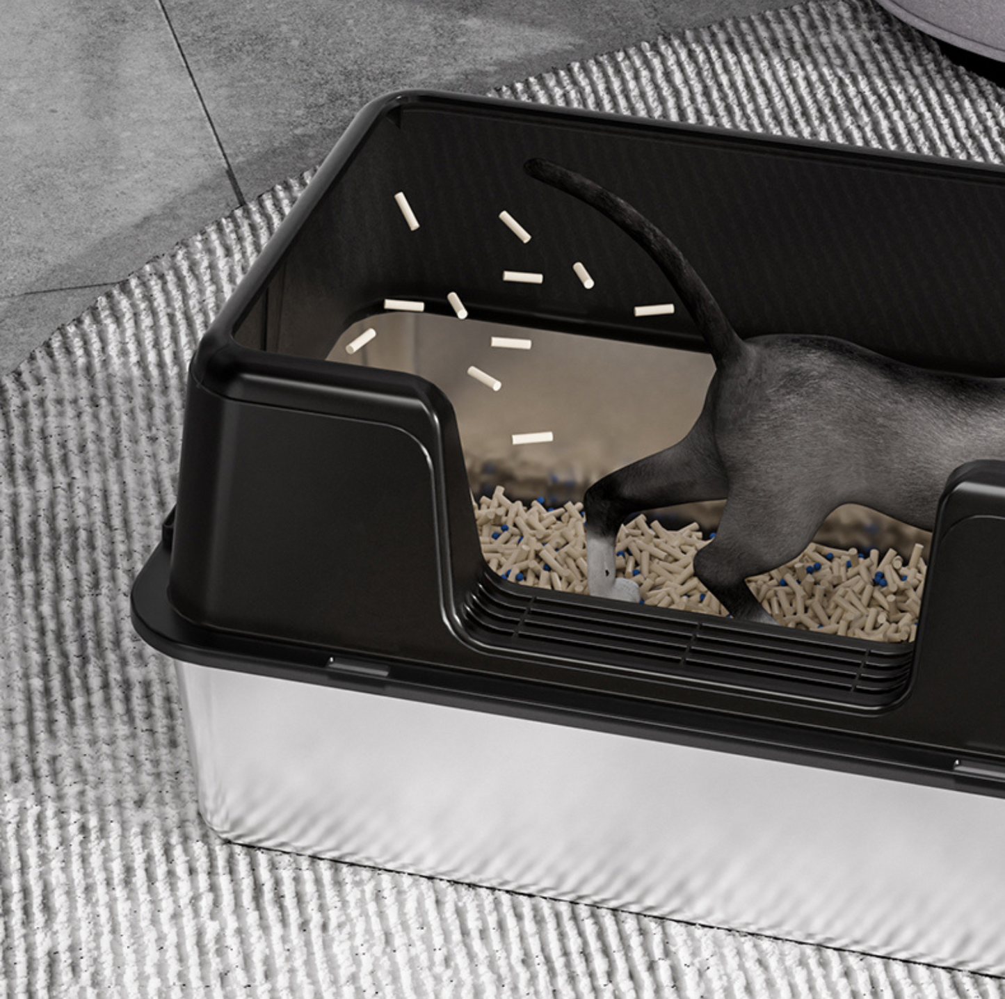 Stainless Steel High-Fenced Cat Litter Box - Semi-Enclosed