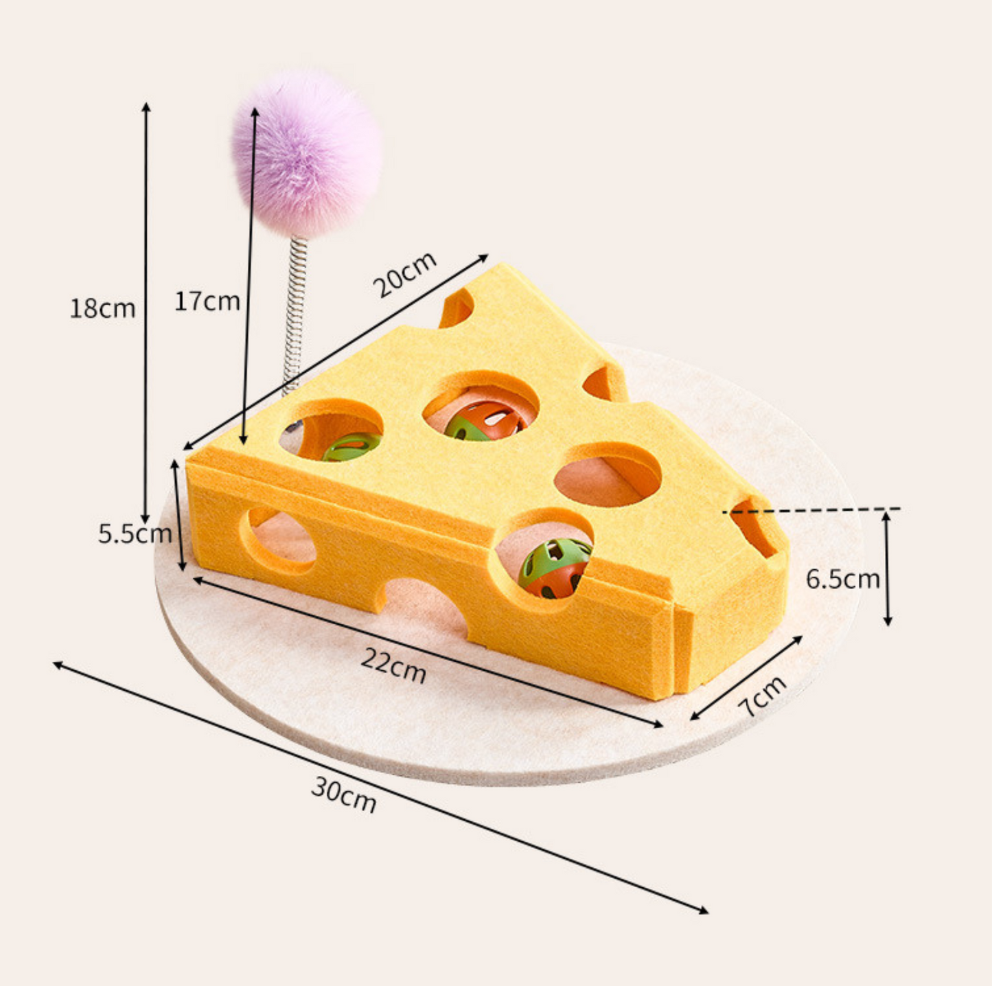 Cheese Slice Cat Toy with Spring Pom-Pom & Rolling Balls