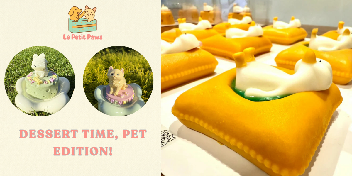 Creative pet desserts displayed from a boutique pet store, featuring animal-themed treats as part of specialty pet supplies.