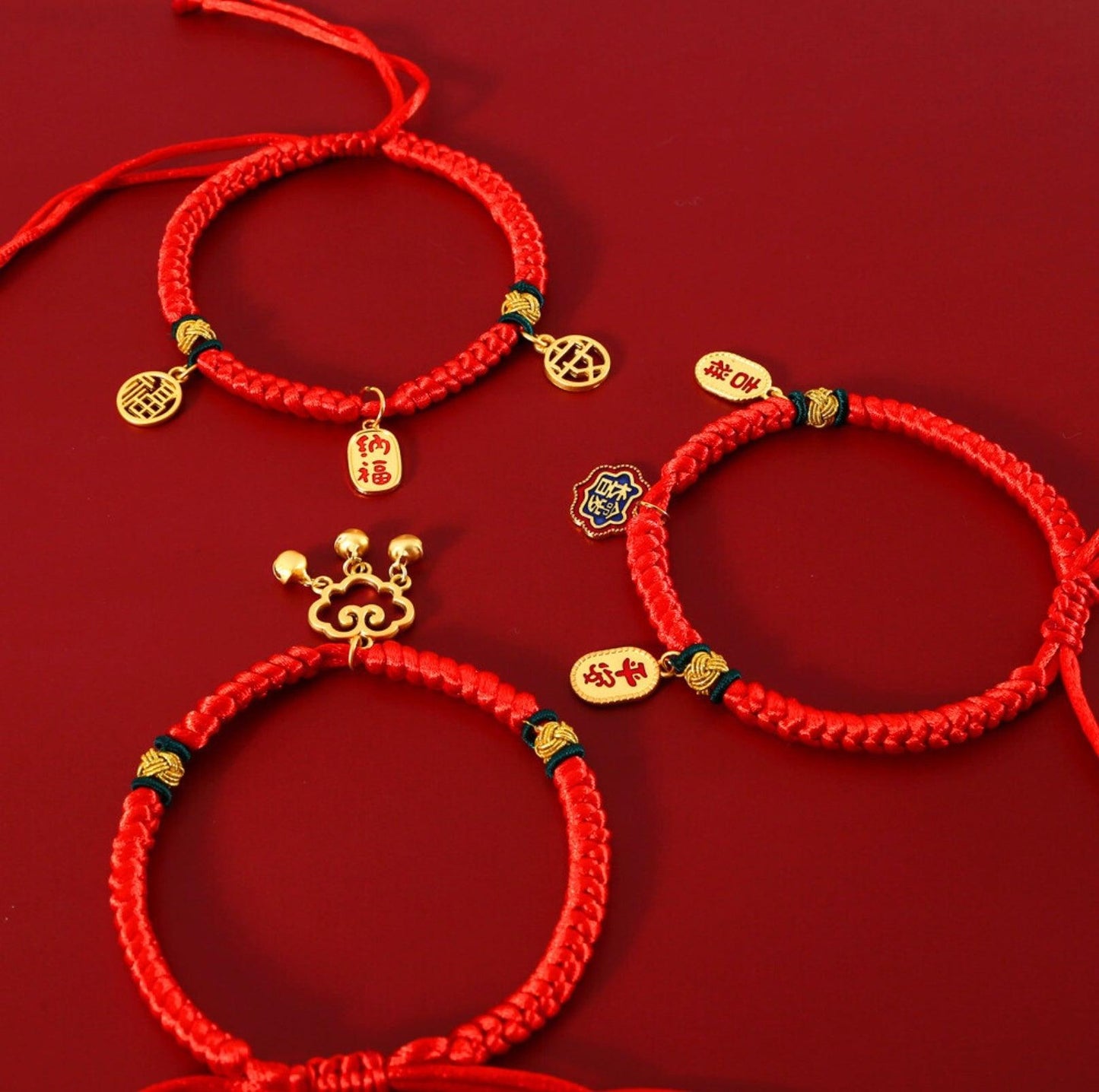 Adjustable Red Cord Pet Collar with Chinese Wishes Pendants - {{product.type}} - PawPawUp