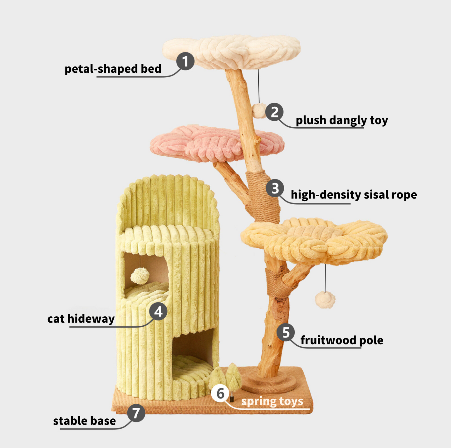 Cmisstree Flower-Inspired Wooden Cat Tree with Cat House - Natural Fruitwood - {{product.type}} - PawPawUp