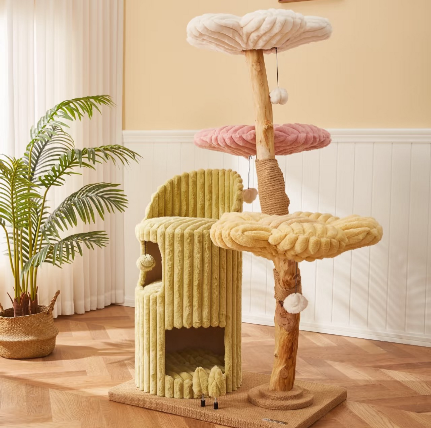 Cmisstree Flower-Inspired Wooden Cat Tree with Cat House - Natural Fruitwood - {{product.type}} - PawPawUp