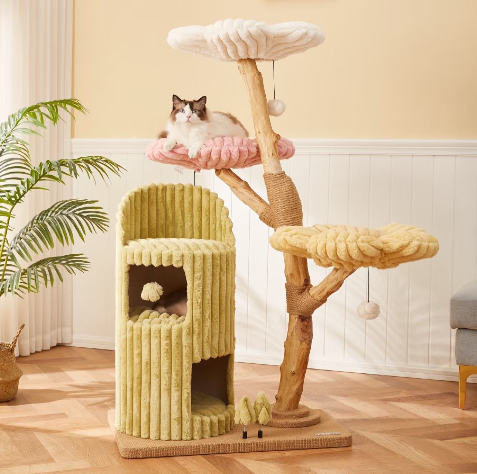 Cmisstree Flower-Inspired Wooden Cat Tree with Cat House Natural