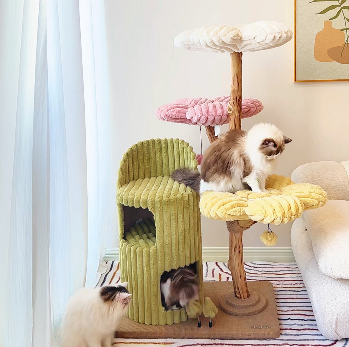 Cmisstree Flower-Inspired Wooden Cat Tree with Cat House - Natural Fruitwood - {{product.type}} - PawPawUp