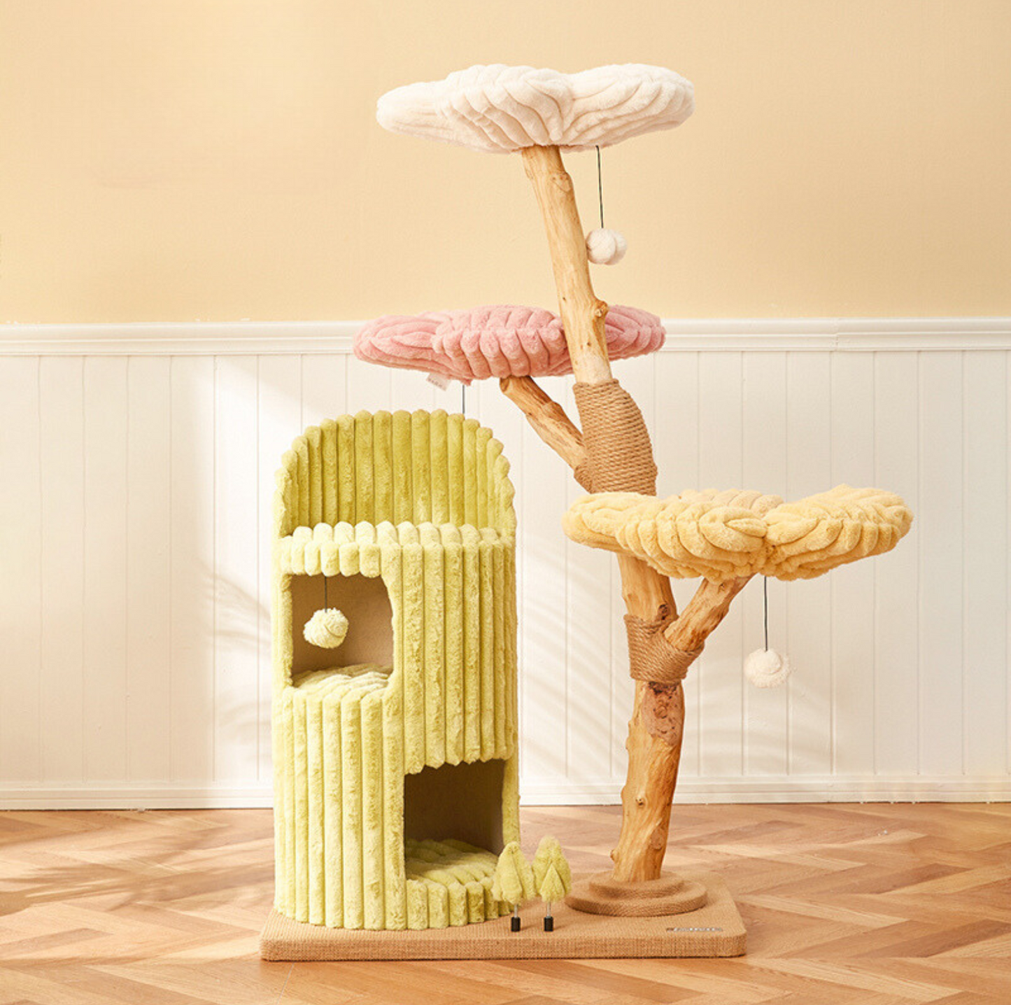Cmisstree Flower-Inspired Wooden Cat Tree with Cat House - Natural Fruitwood - {{product.type}} - PawPawUp
