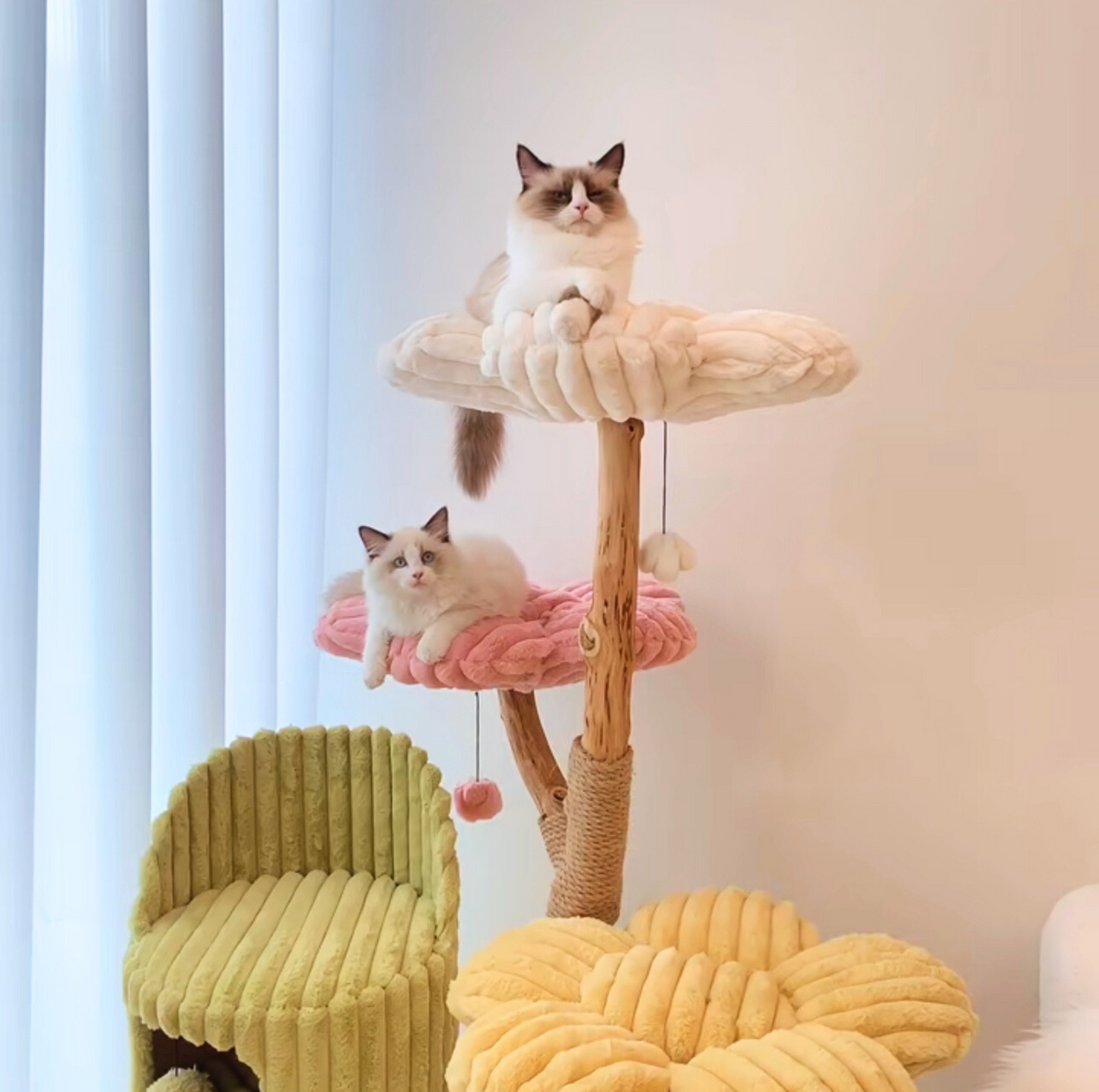 Cmisstree Flower-Inspired Wooden Cat Tree with Cat House - Natural Fruitwood - {{product.type}} - PawPawUp