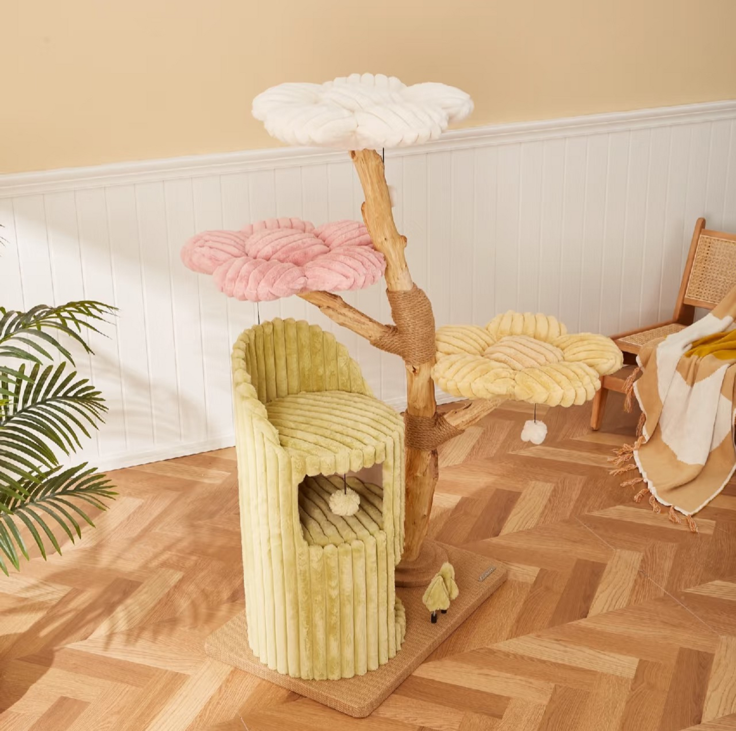 Cmisstree Flower-Inspired Wooden Cat Tree with Cat House - Natural Fruitwood - {{product.type}} - PawPawUp