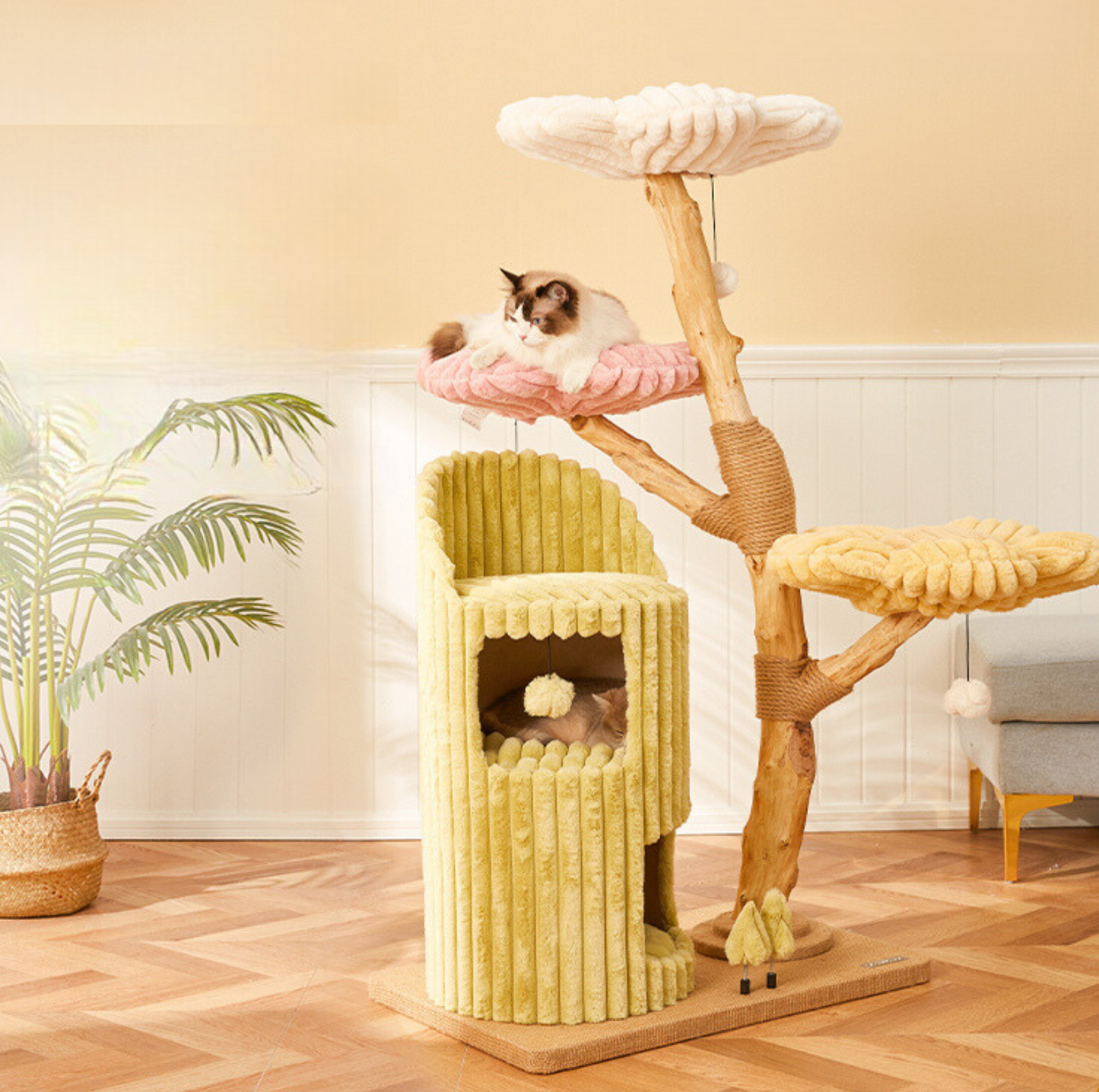 Cmisstree Flower-Inspired Wooden Cat Tree with Cat House - Natural Fruitwood - {{product.type}} - PawPawUp