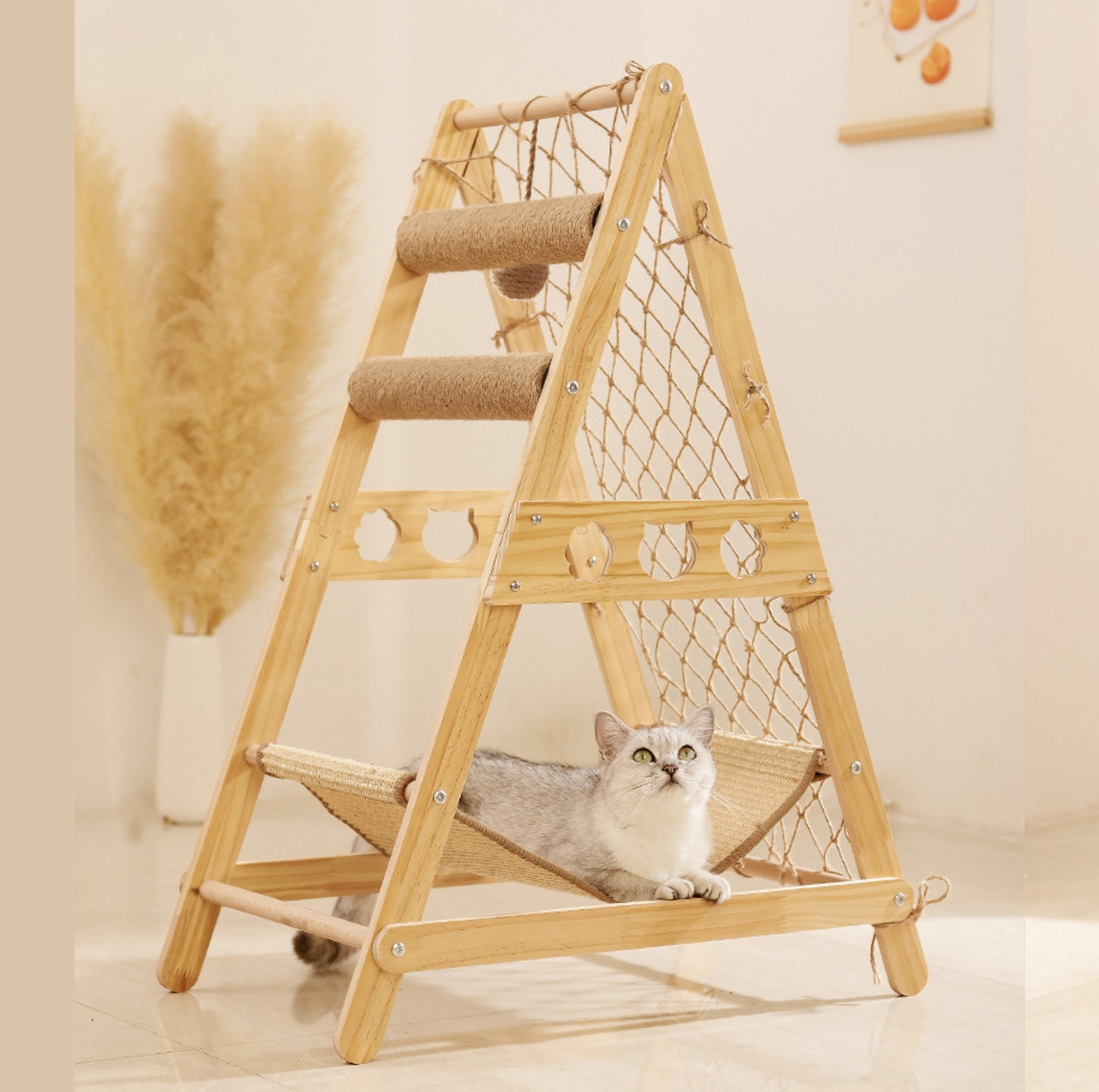 Multi-Functional Cat Playground with Wooden Ladder and Climbing Net - {{product.type}} - PawPawUp