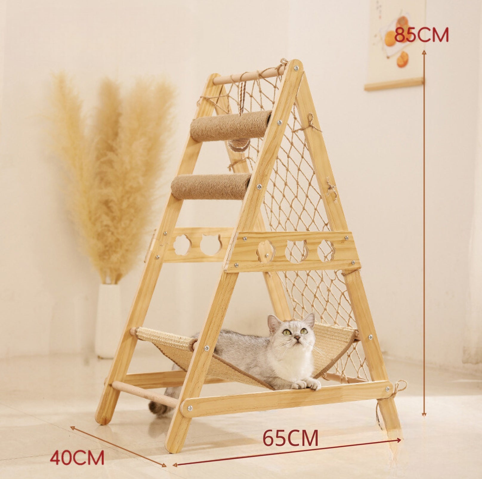 Multi-Functional Cat Playground with Wooden Ladder and Climbing Net - {{product.type}} - PawPawUp