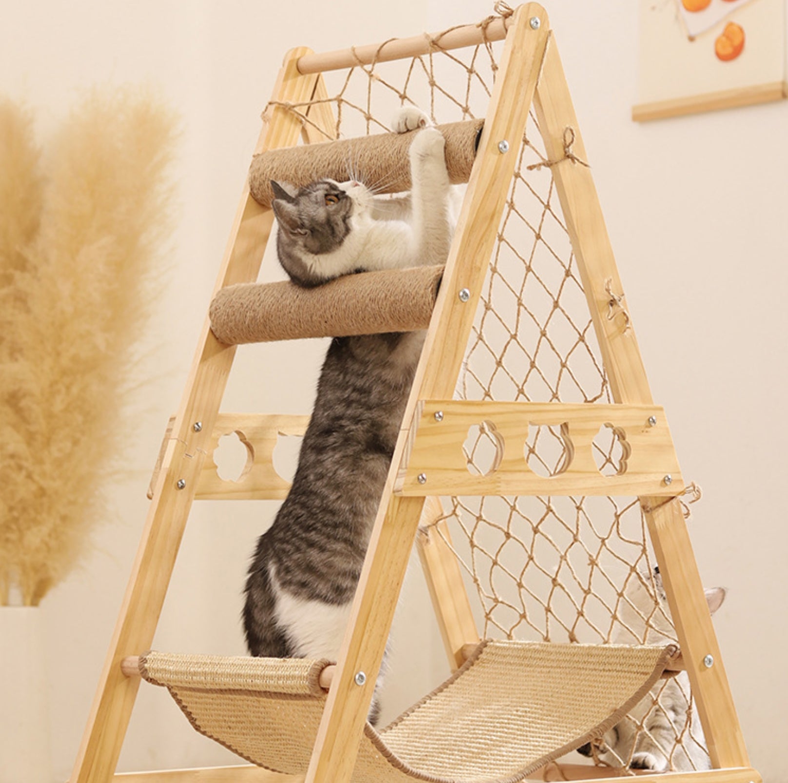Multi-Functional Cat Playground with Wooden Ladder and Climbing Net - {{product.type}} - PawPawUp