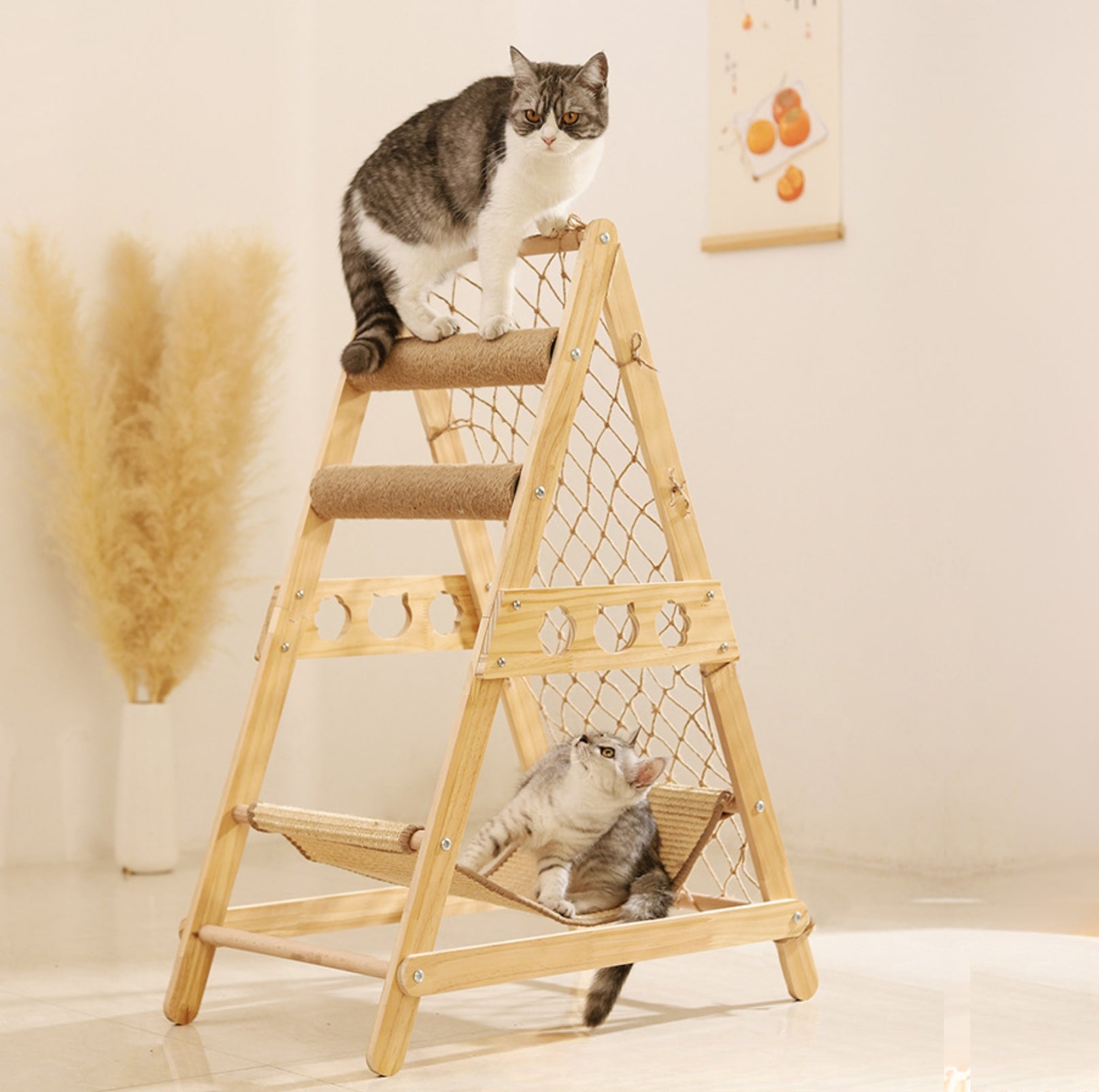 Multi-Functional Cat Playground with Wooden Ladder and Climbing Net - {{product.type}} - PawPawUp