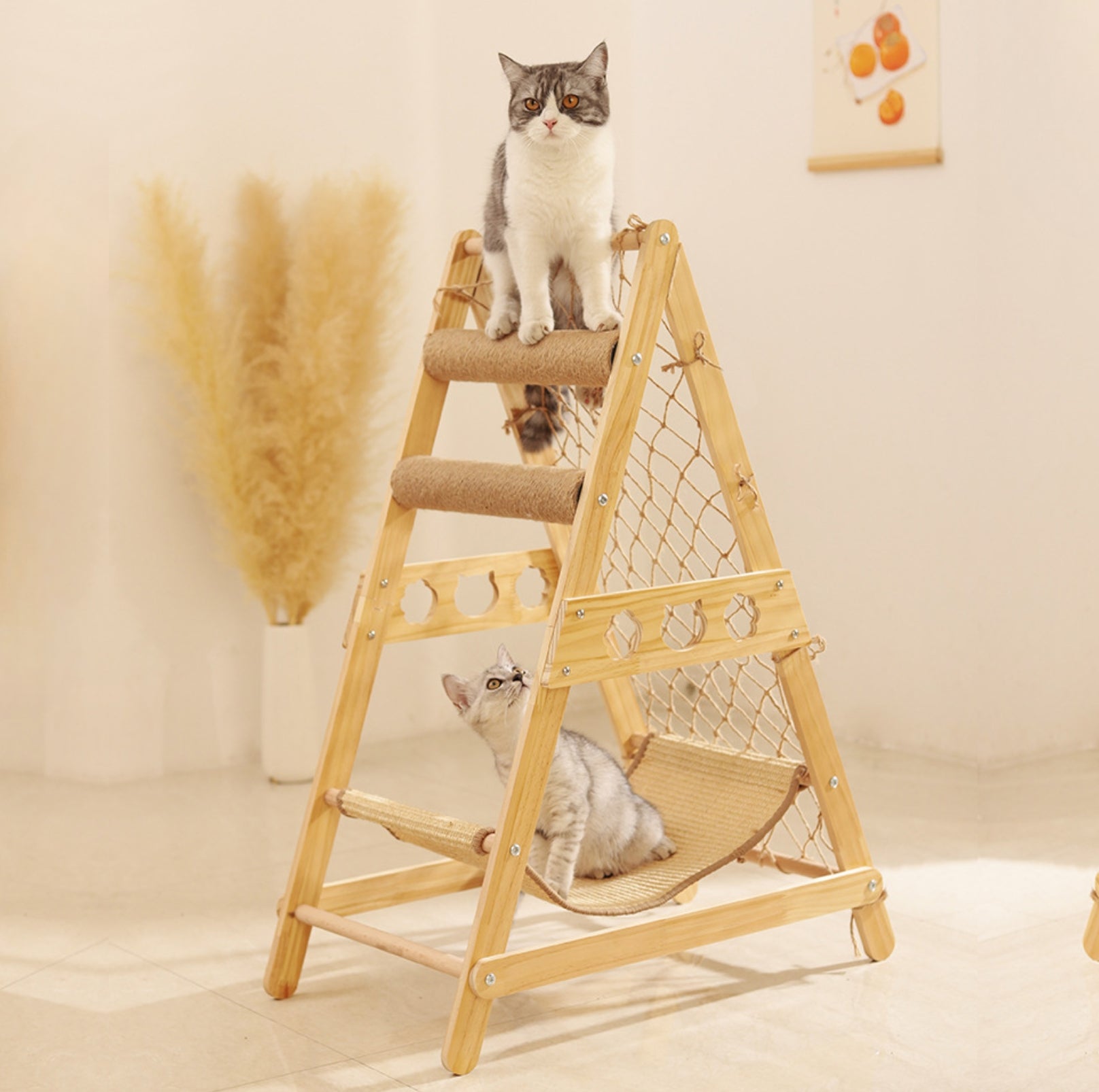 Multi-Functional Cat Playground with Wooden Ladder and Climbing Net - {{product.type}} - PawPawUp