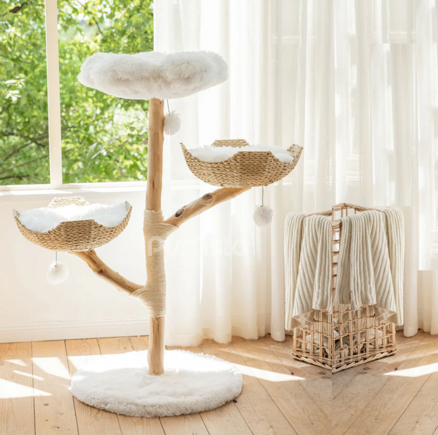 Purrista Natural Wood Basket 130cm Cat Tree (Three-Layer) - {{product.type}} - PawPawUp