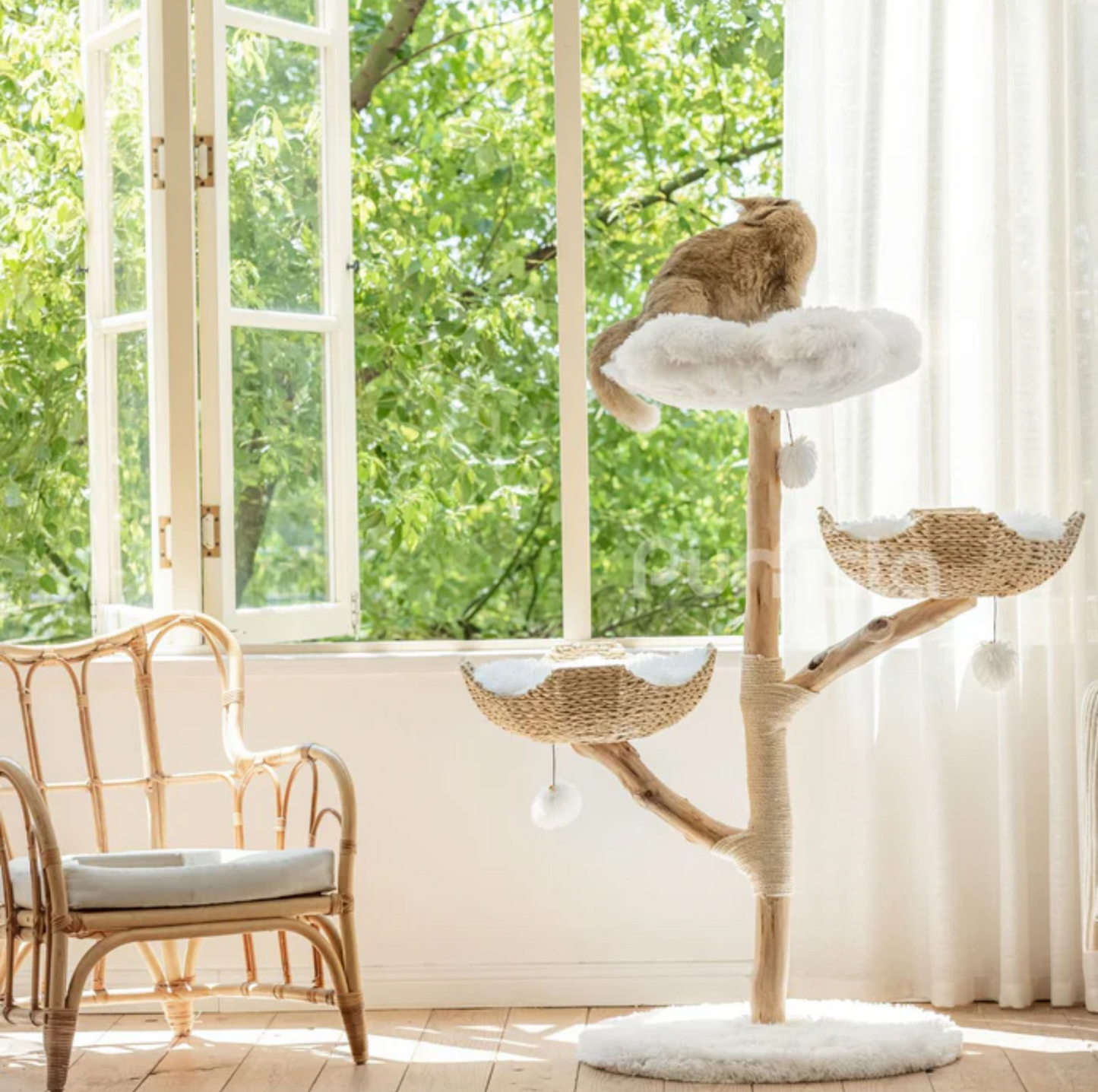 Purrista Natural Wood Basket 130cm Cat Tree (Three-Layer) - {{product.type}} - PawPawUp