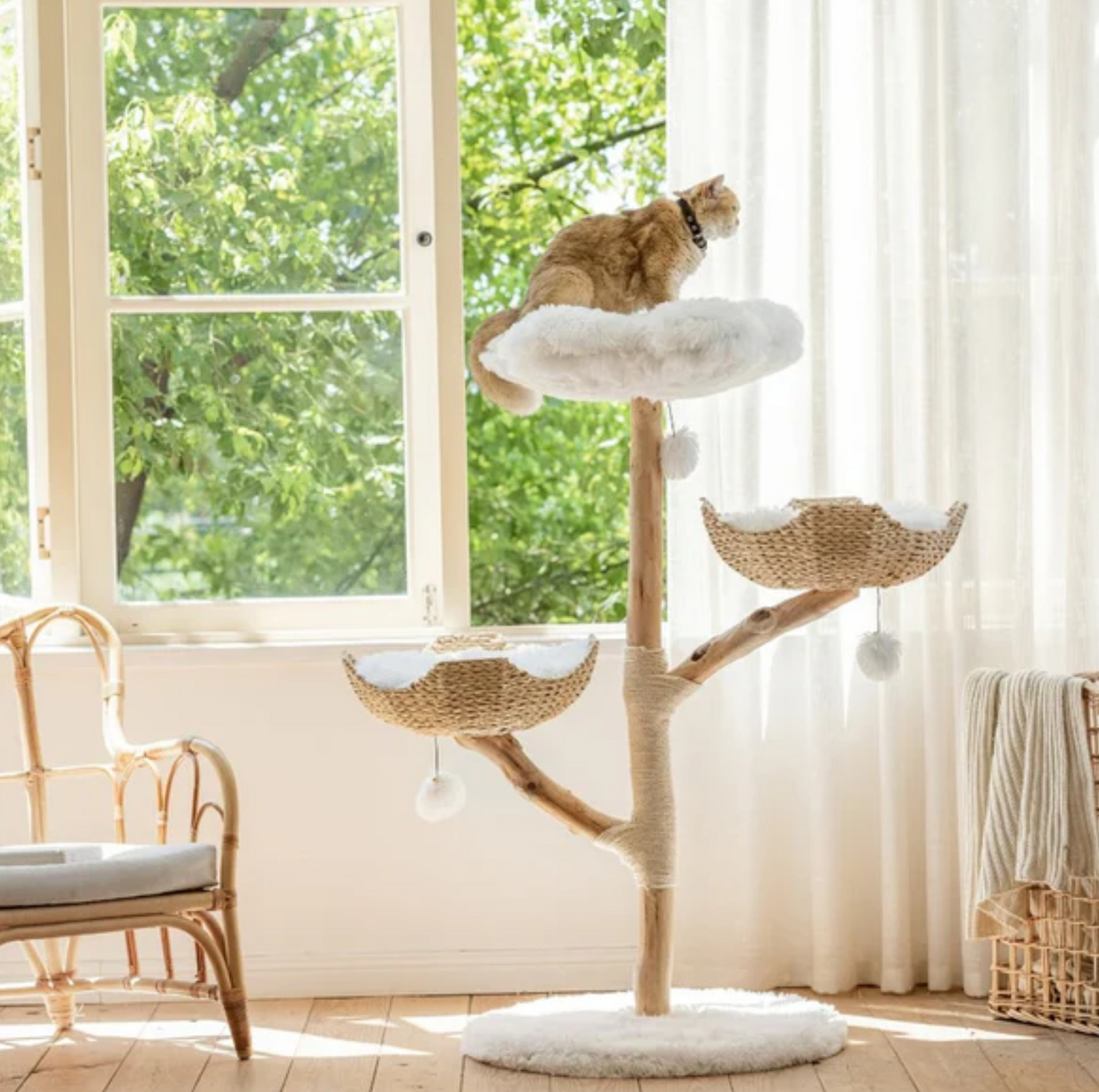 Purrista Natural Wood Basket 130cm Cat Tree (Three-Layer) - {{product.type}} - PawPawUp