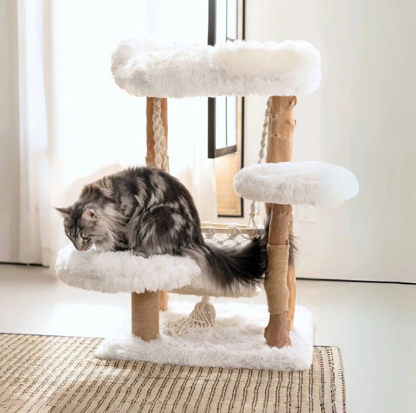 Purrista Natural Wood Hammock Cat Tree - 3 Level - {{product.type}} - PawPawUp