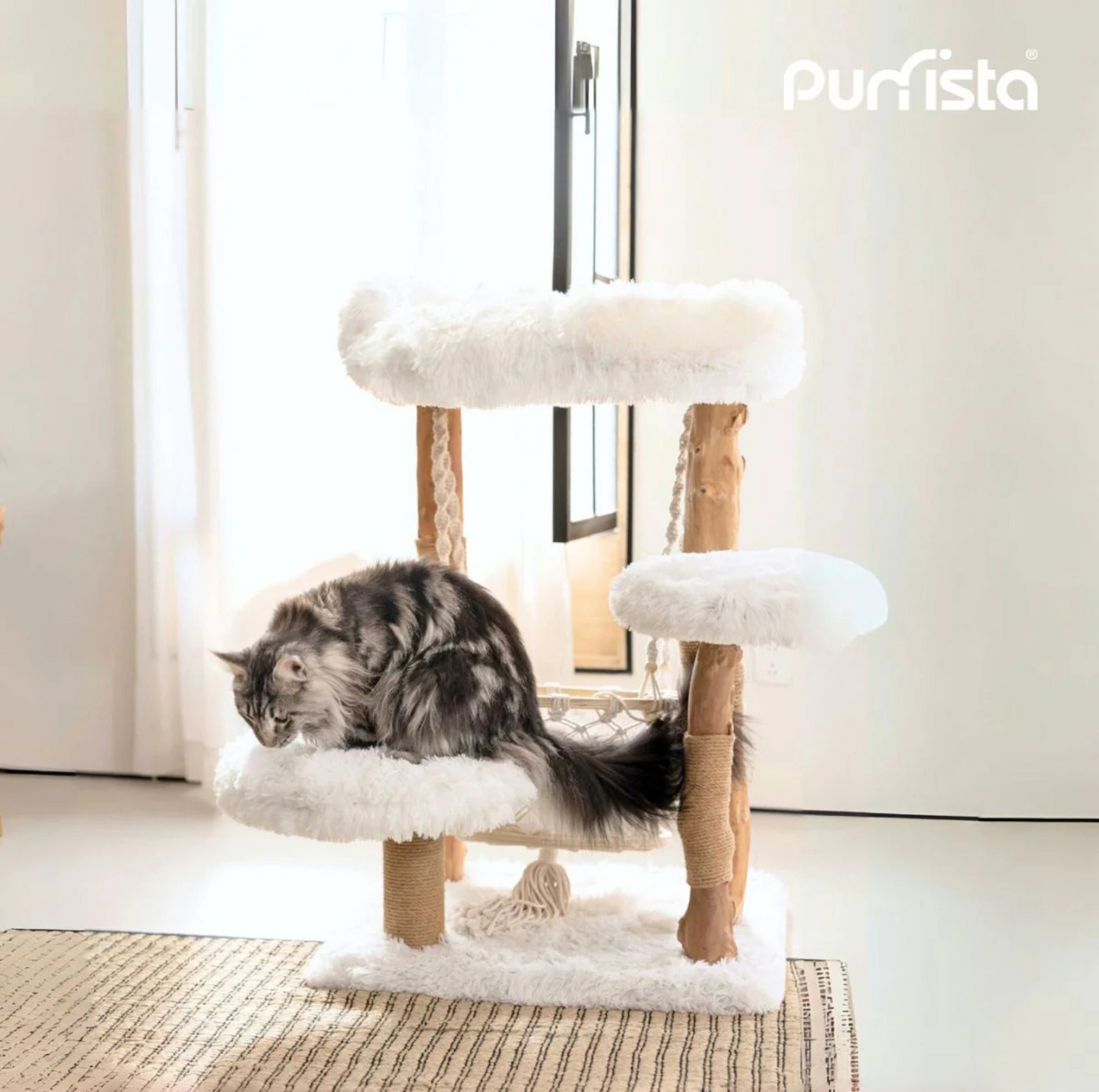 Purrista Natural Wood Hammock Cat Tree - 3 Level - {{product.type}} - PawPawUp