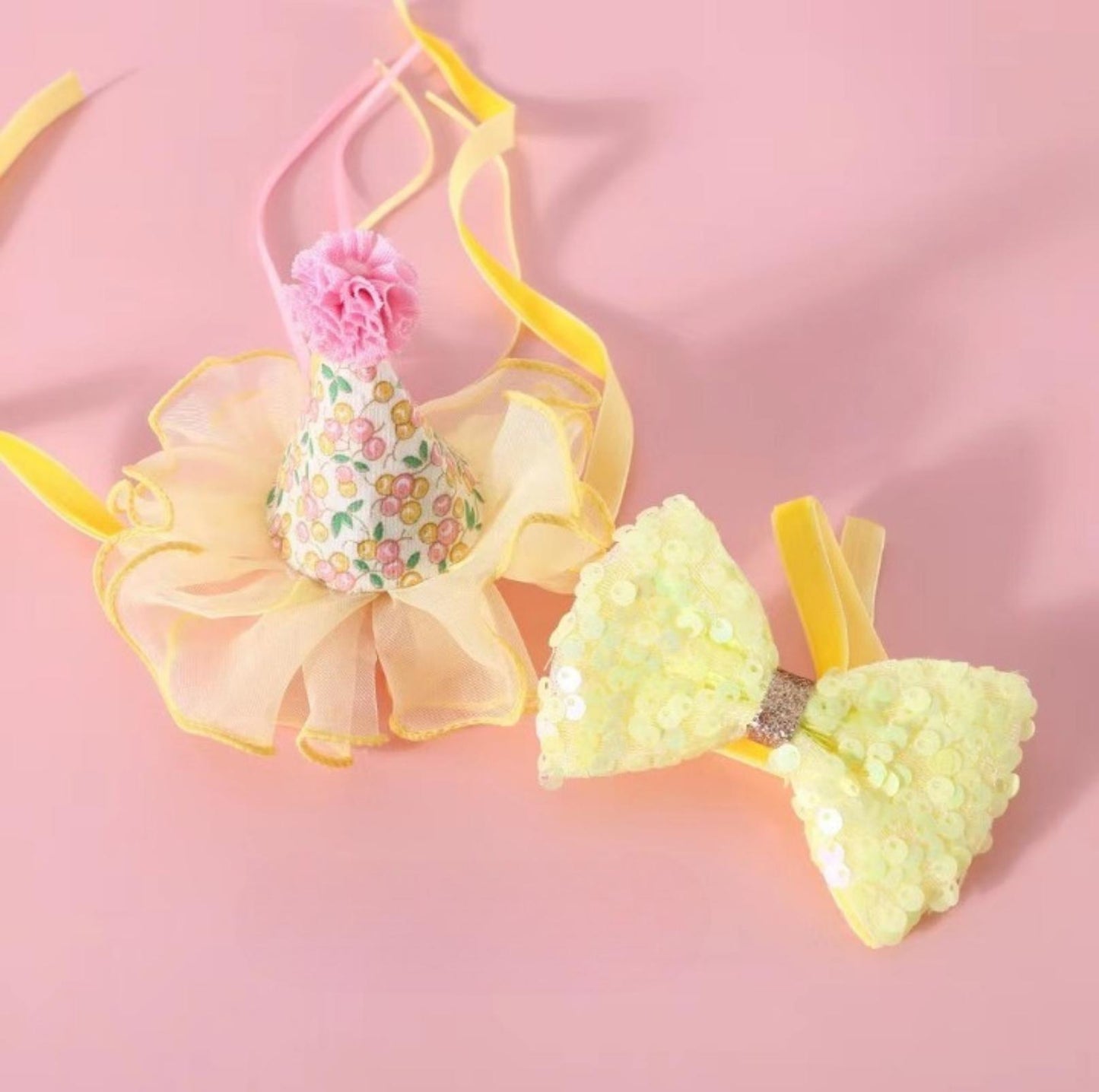 Floral Mesh Lace Accessory Set: Pet Birthday Hat & Bow Tie Combo - {{product.type}} - PawPawUp