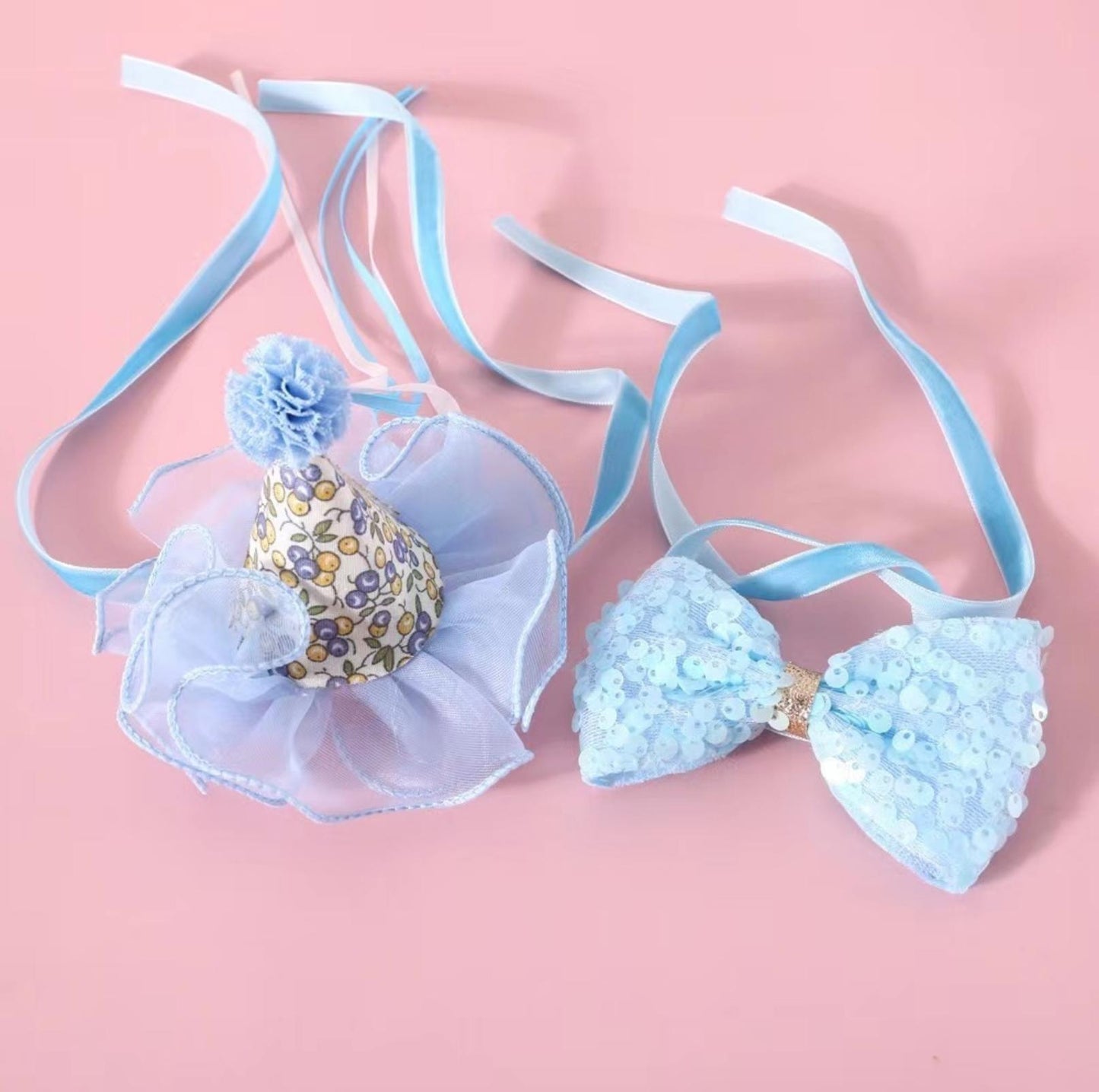 Floral Mesh Lace Accessory Set: Pet Birthday Hat & Bow Tie Combo - {{product.type}} - PawPawUp