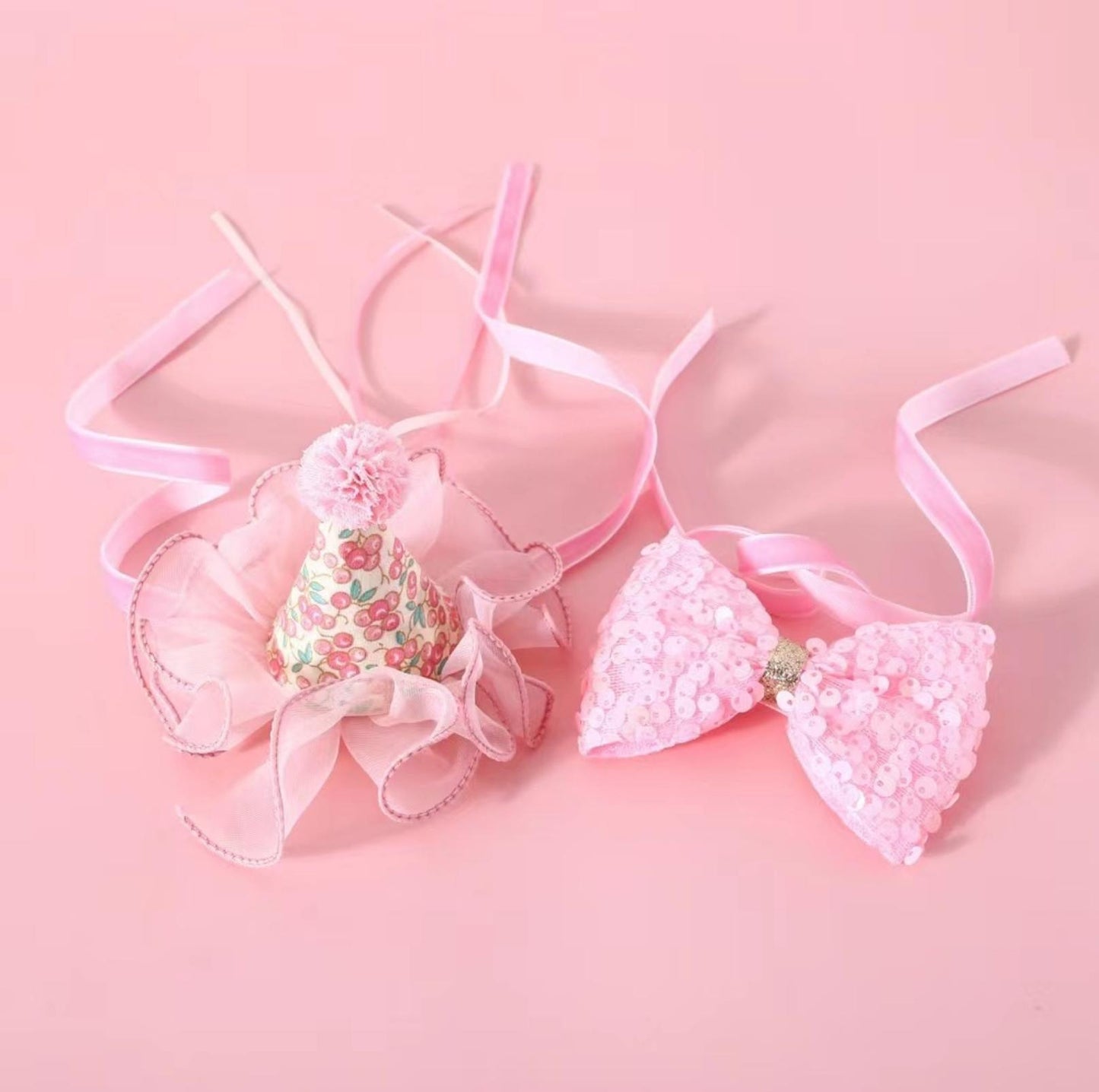 Floral Mesh Lace Accessory Set: Pet Birthday Hat & Bow Tie Combo - {{product.type}} - PawPawUp