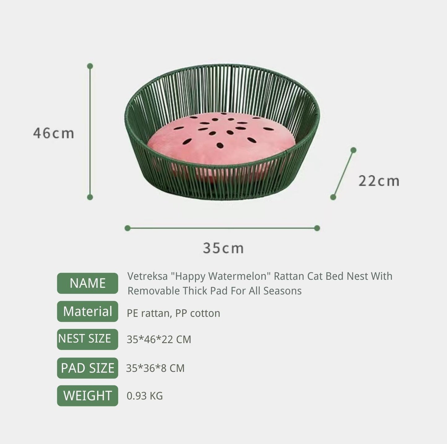 Vetreksa Watermelon Rattan Cat Bed Dog Bed With Removable Thick Pad - {{product.type}} - PawPawUp