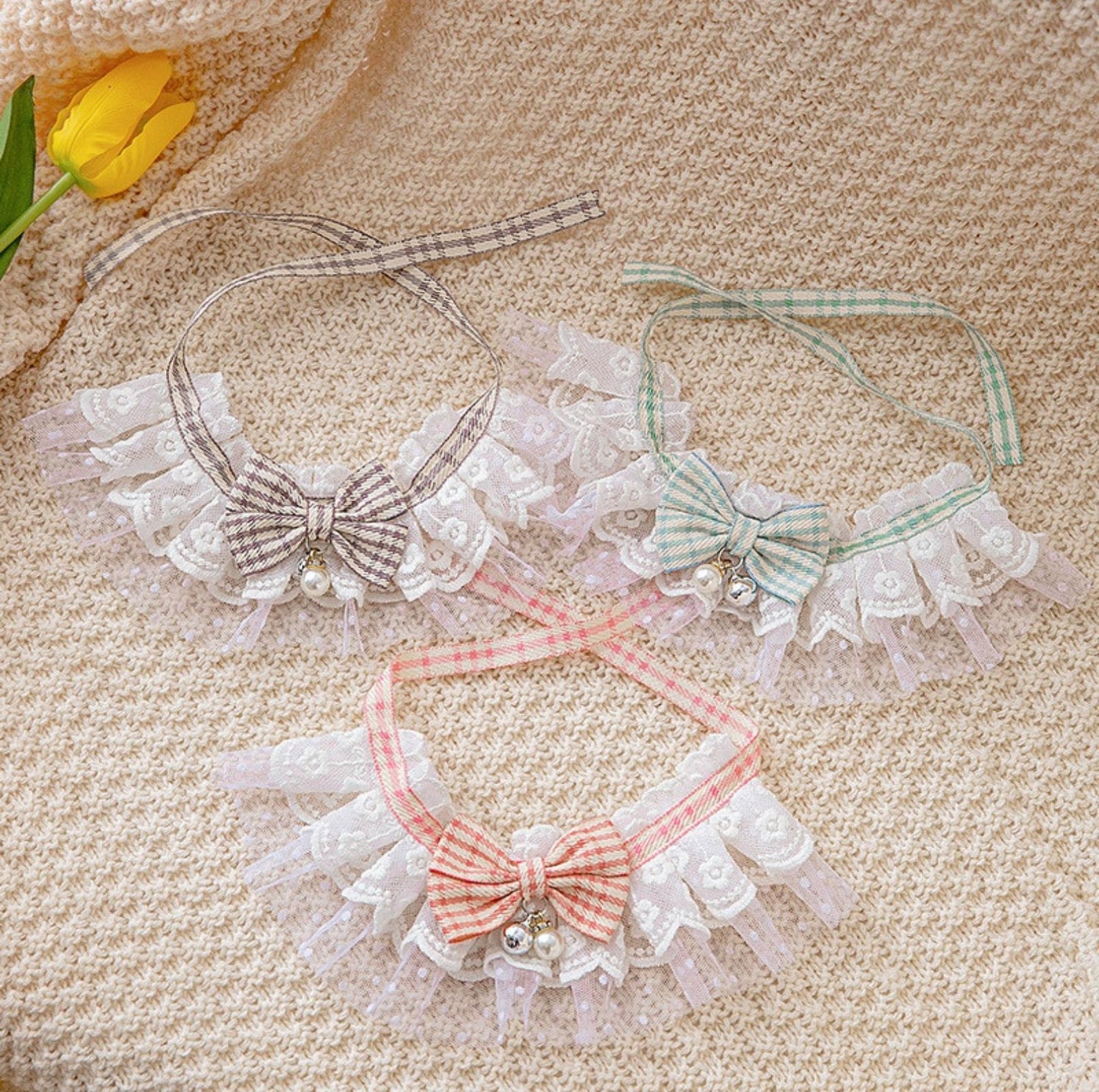 Lace-Decorated Plaid Bowtie Pet Bib with Bell - {{product.type}} - PawPawUp