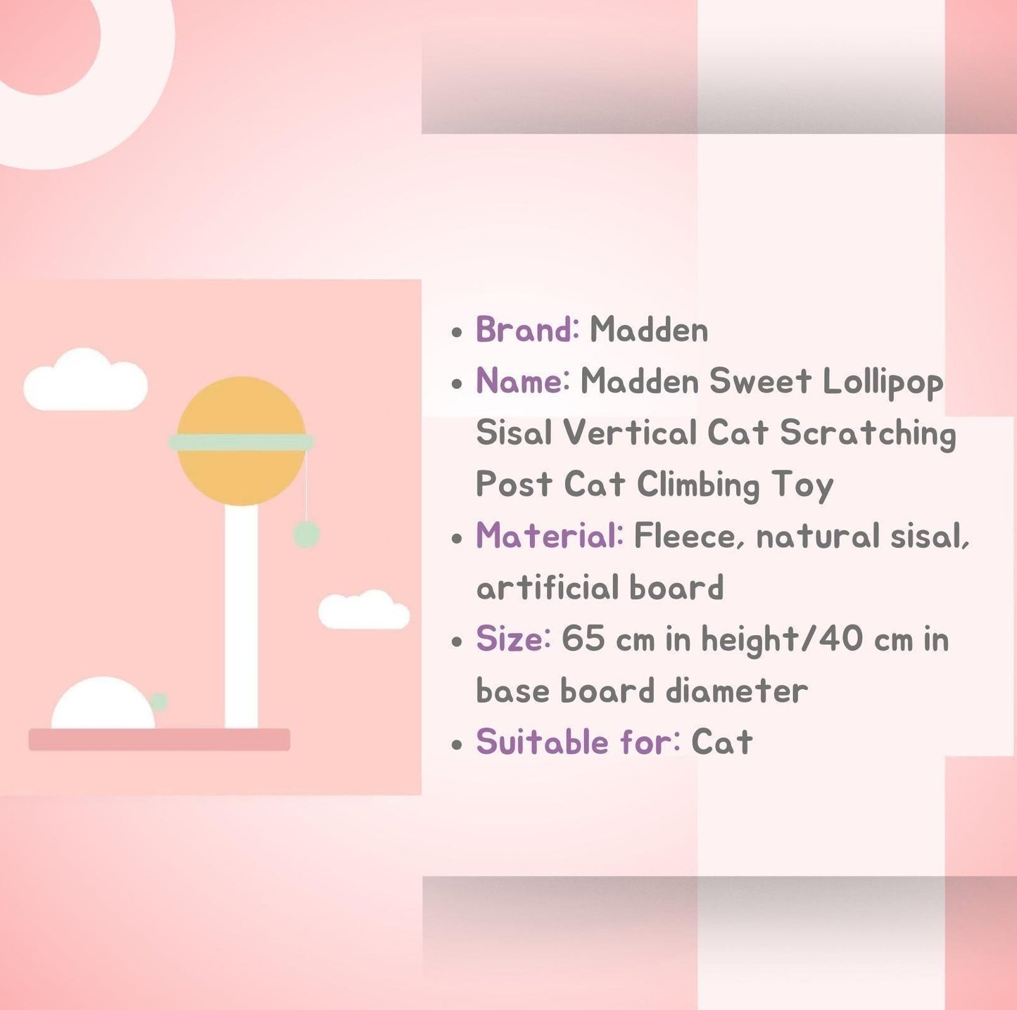 Madden Sweet Lollipop Sisal Vertical Cat Scratching Post Cat Scratcher - {{product.type}} - PawPawUp
