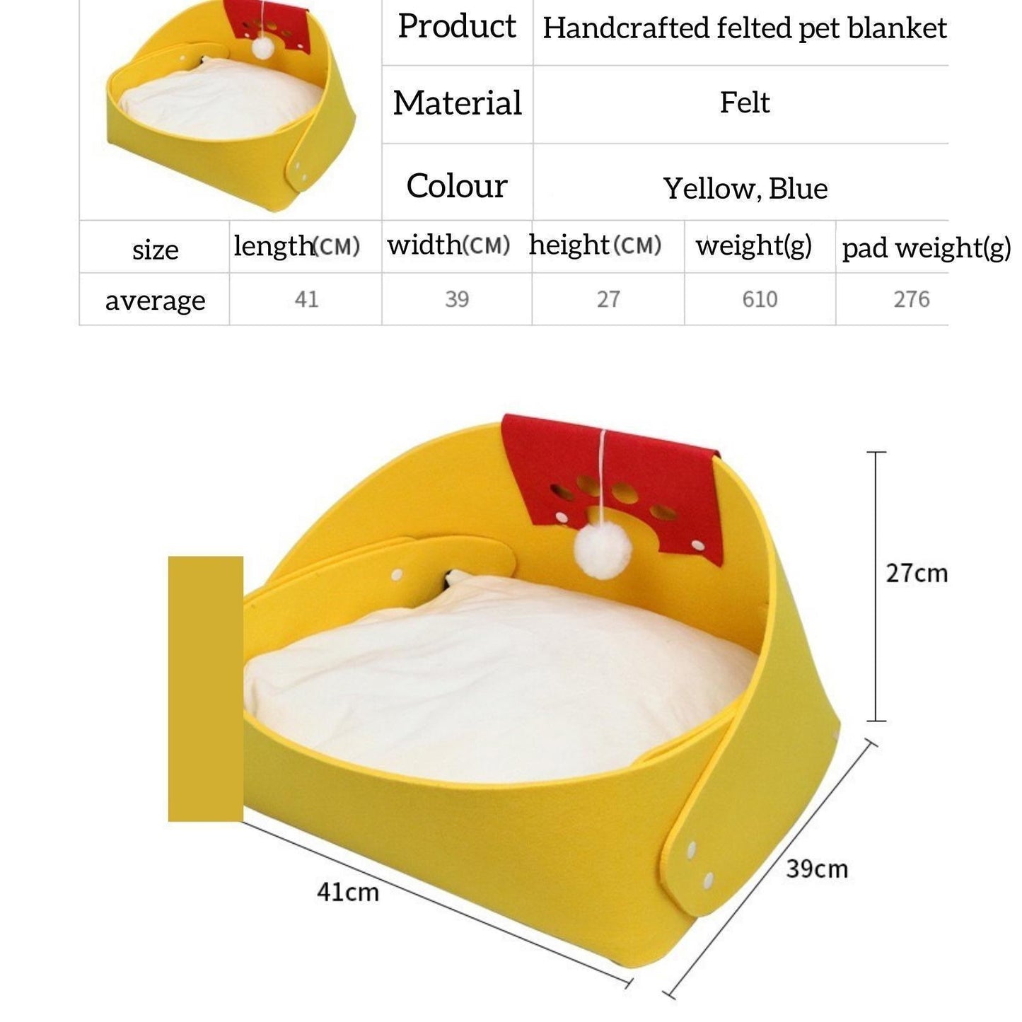 Cat and Dog Bed with Detachable Felt Blanket and Pompom Toys - {{product.type}} - PawPawUp