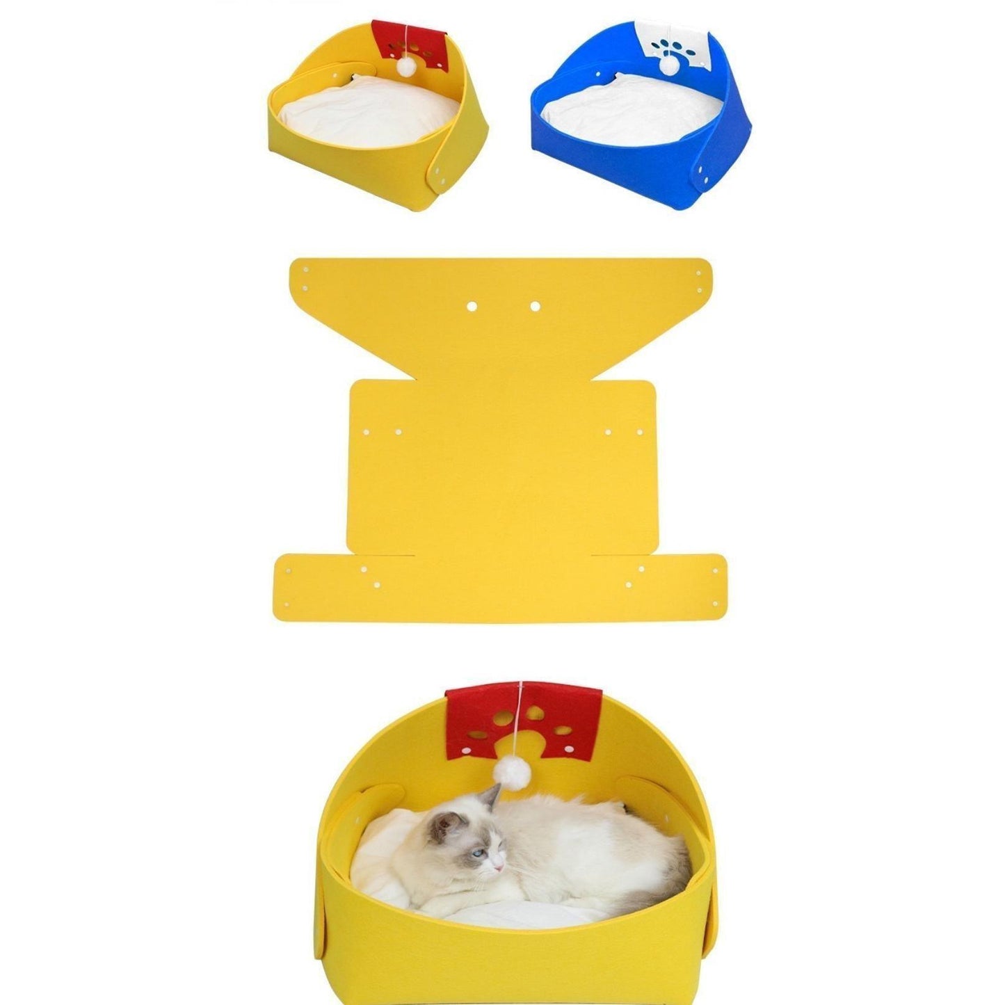 Cat and Dog Bed with Detachable Felt Blanket and Pompom Toys - {{product.type}} - PawPawUp