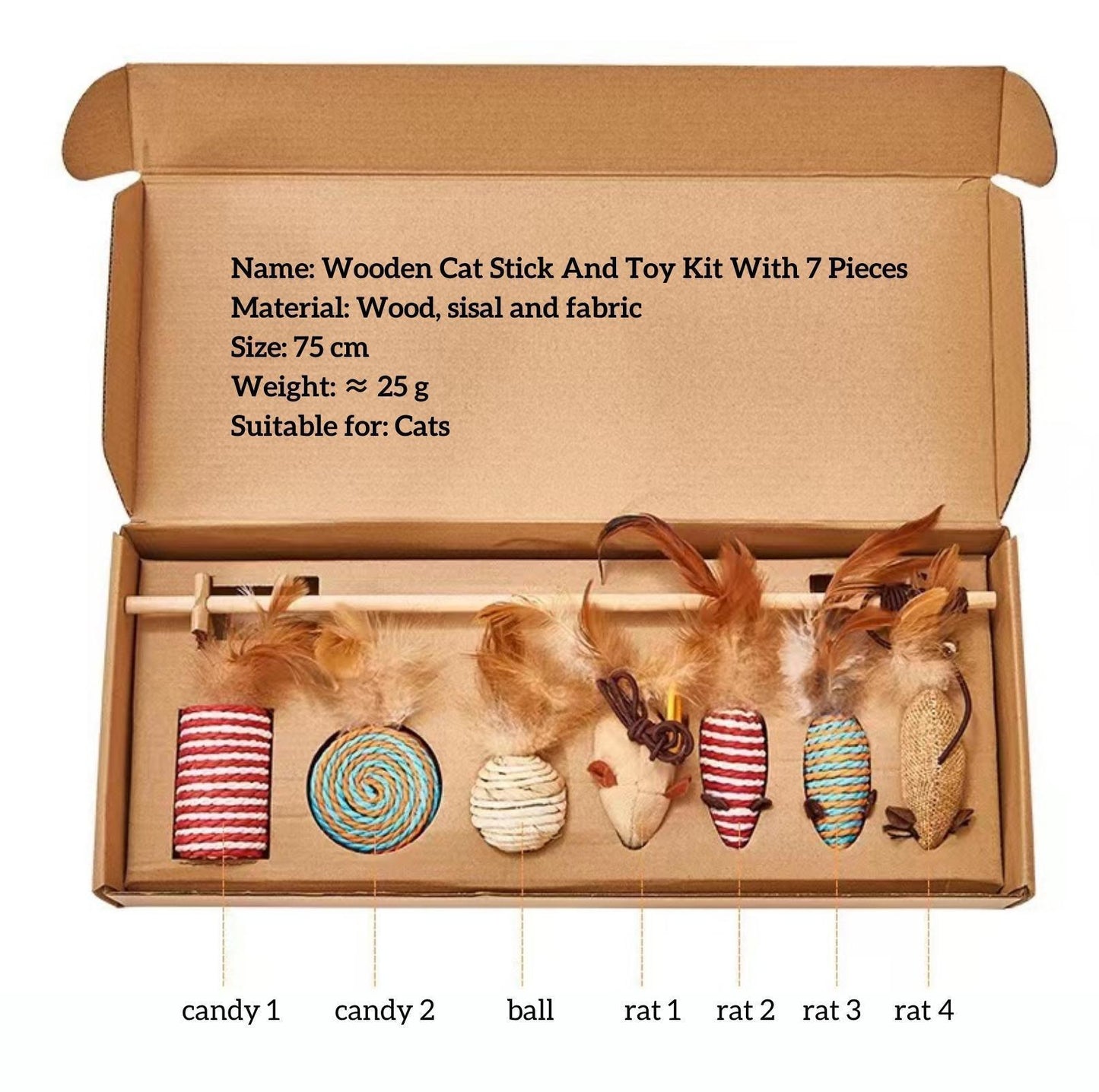 Wooden Cat Stick And Toys Kit With 7 Pieces - {{product.type}} - PawPawUp
