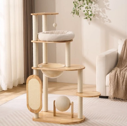 Wooden Cat Tree with Vertical Sisal Scratching Board & Play Features