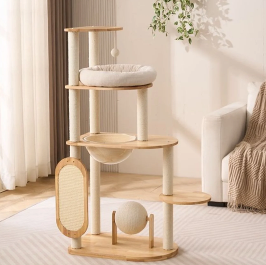 Wooden Cat Tree with Vertical Sisal Scratching Board & Play Features