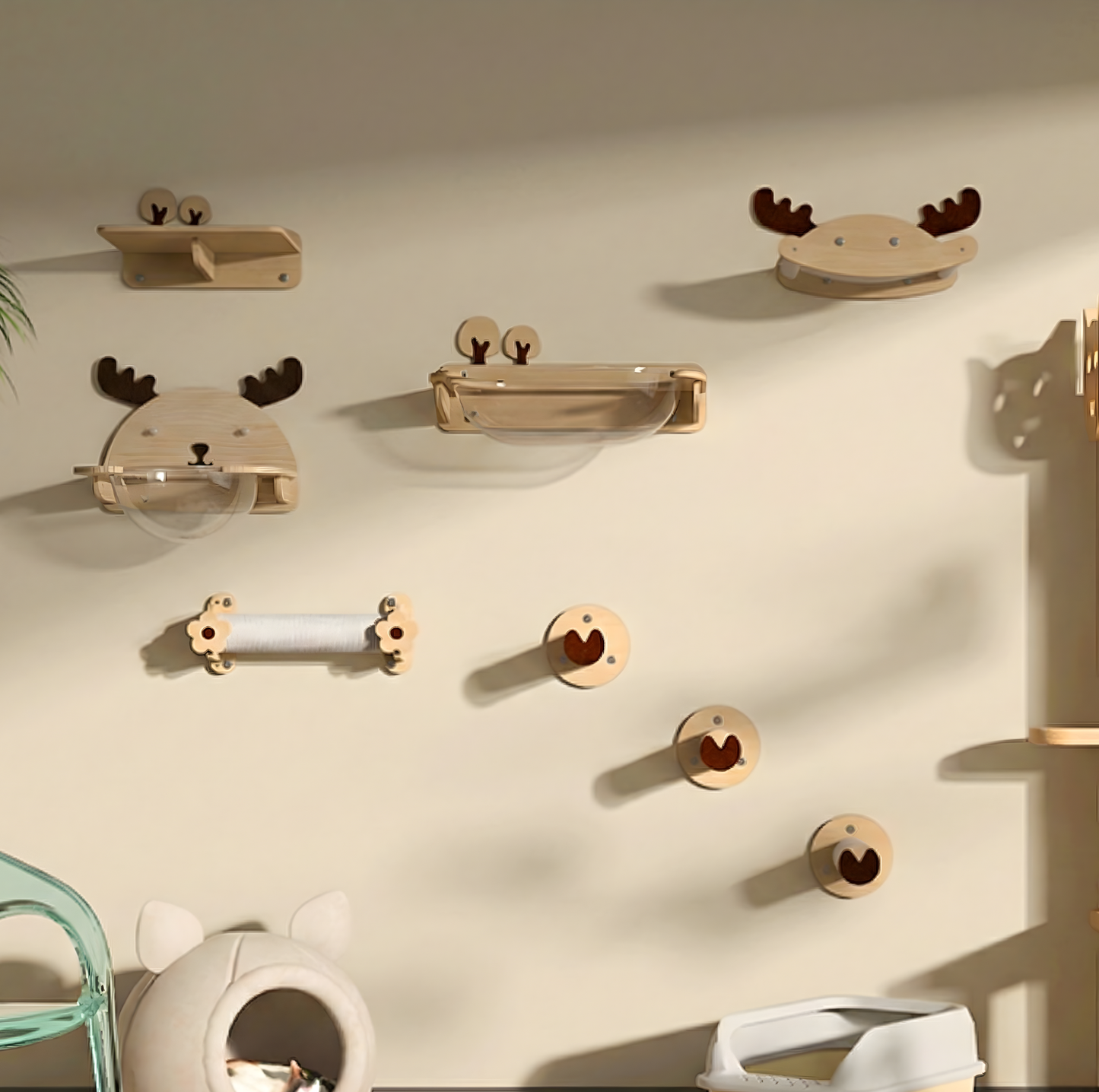 Elk-Themed Wall & Window Cat Playground Set (Screws & Suction Cups Included)