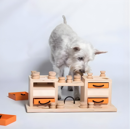 Interactive Wooden Dog Puzzle Toy – Two Towers Multi-Level Treat Game (Advanced Enrichment)
