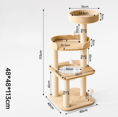 Khaki Plush Four-Level Cat Tree with Acrylic Bowl