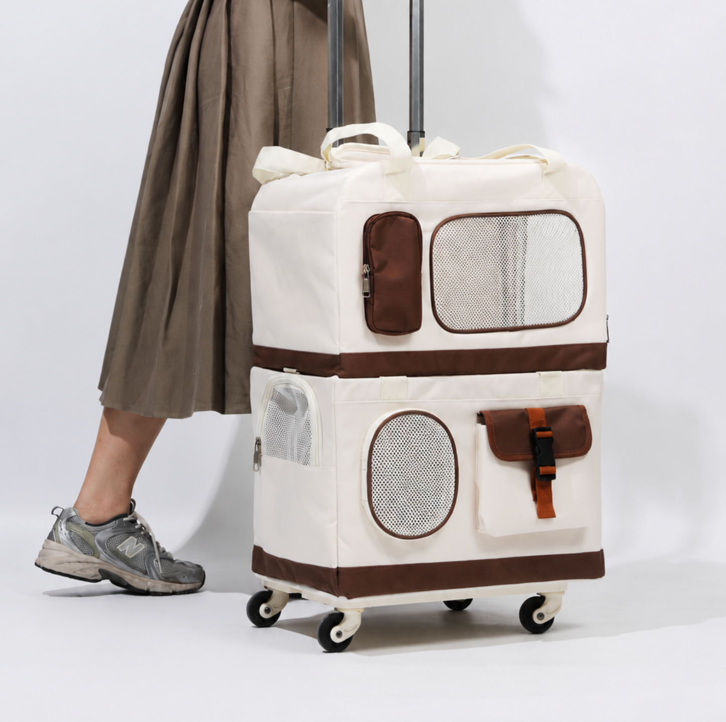 Double-Decker Trolley Pet Carrier Bag with Storage Pockets