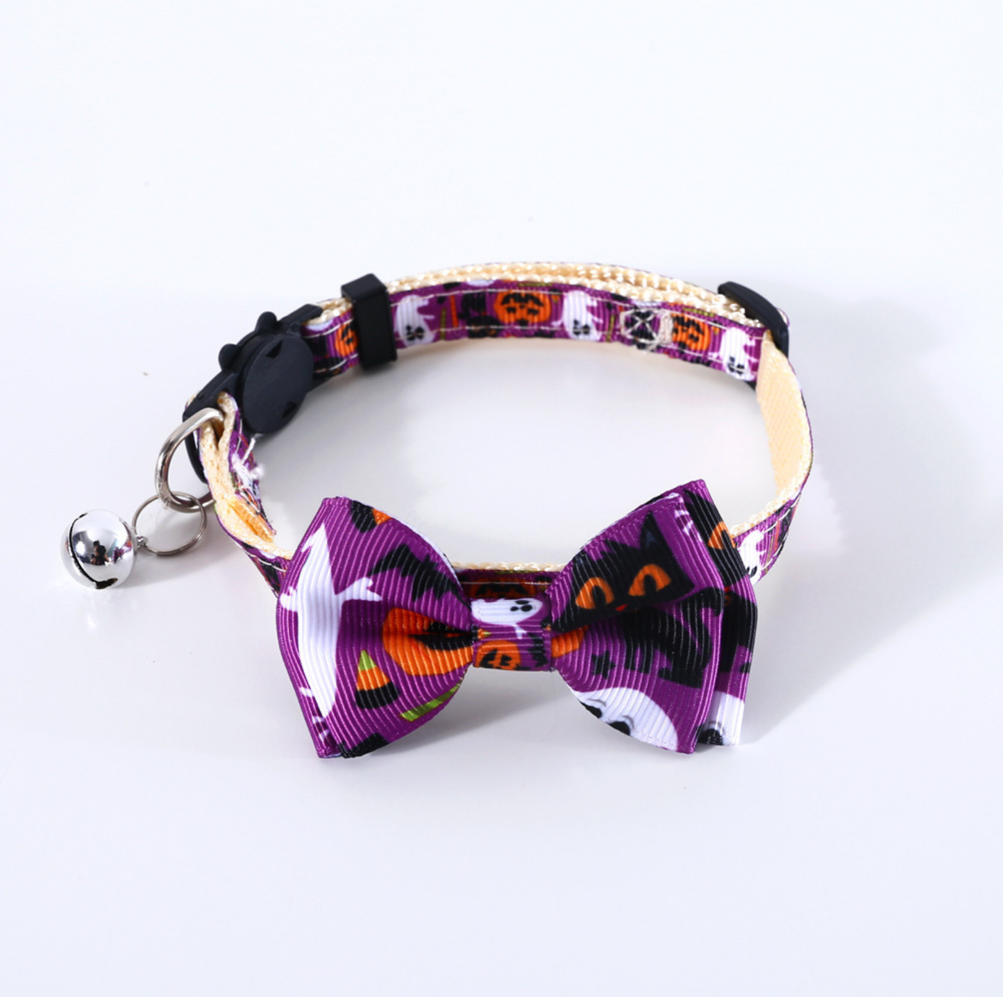 Halloween Bow Tie Cat & Dog Collar – Pumpkin Print with Bell (Adjustable Breakaway Design)