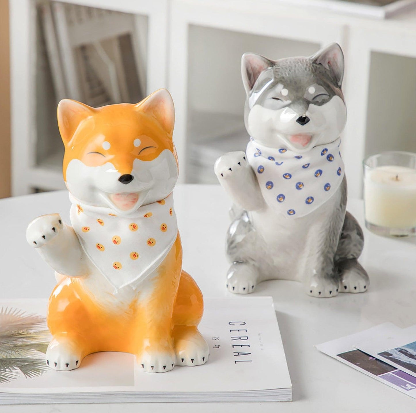 Shiba Dog-Inspired Ceramic Home Decor Ornament- With Randomly Selected Bib Accessory