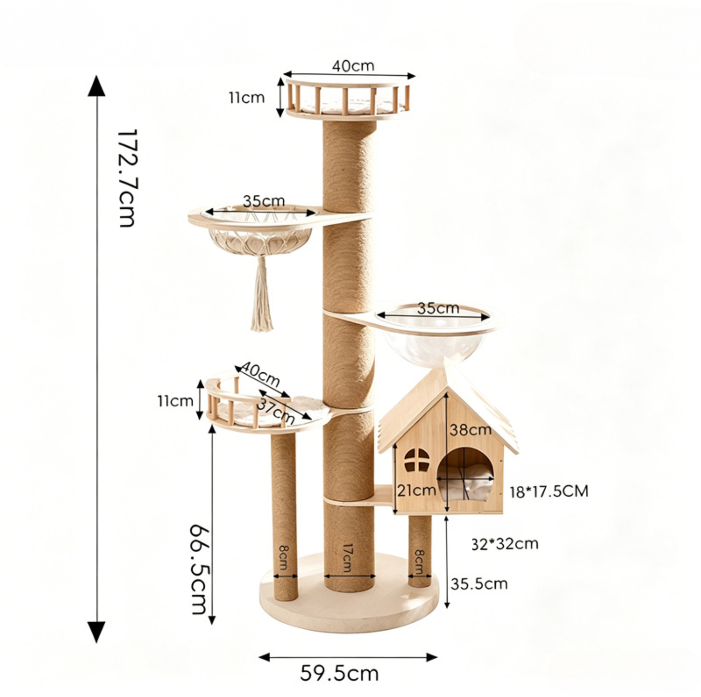 Cat Villa with 17cm Extra-Thick Sisal Scratching Column – 172.7 cm