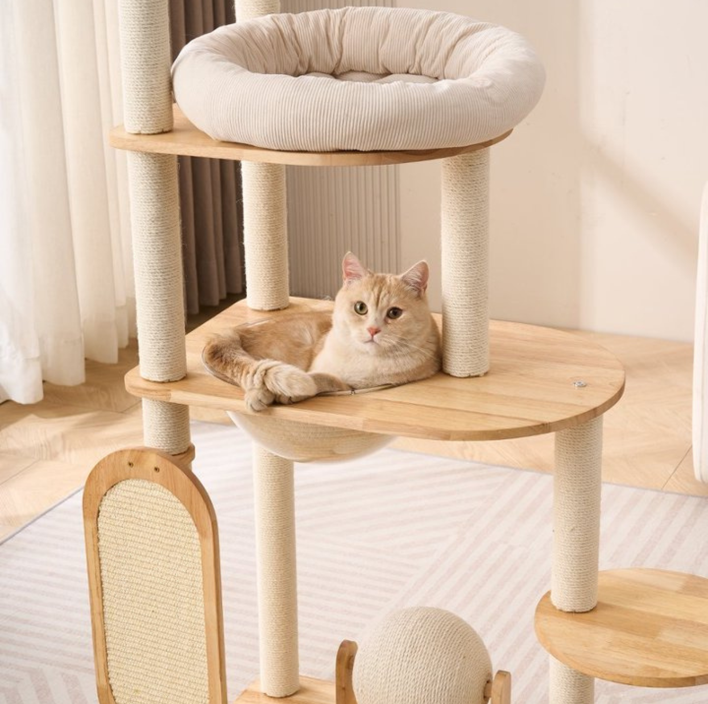 Wooden Cat Tree with Vertical Sisal Scratching Board & Play Features